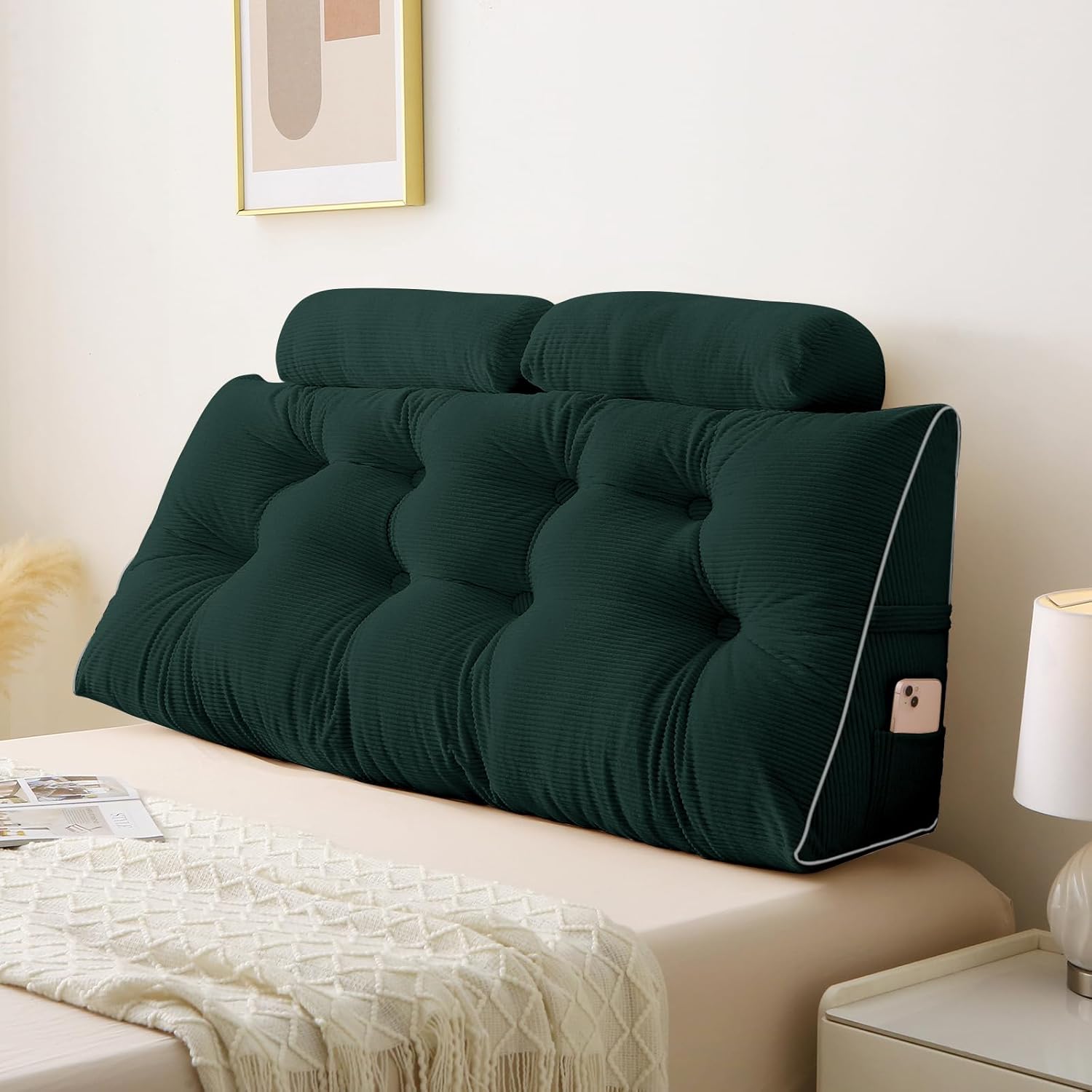 Sasttie Headboard Pillow Queen, Wedge Pillow Headboard for Bed Sitting Up, Back Support Pillows for Reading, Sitting or Working with Detachable 2 Pack Neck Bloster Pillows, Dark Green