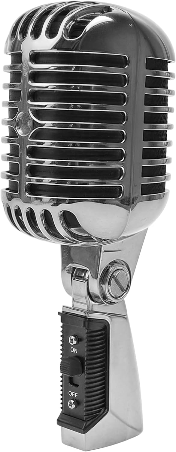 Vintage Microphone, Retro Old School Vocal Mic, Professional Classic Dynamic Wired Cardioid for Live Performance Karaoke Studio Recording Singing Stage, Fashioned Prop, XLR Cable Compatible, Silver
