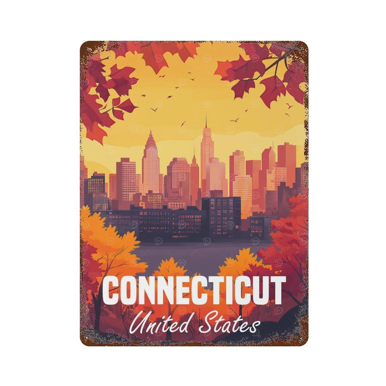 Connecticut Skyline Weathered Tin Sign 15.7"x11.8", Ideal for Basement, Hobby Room And Garage Decor