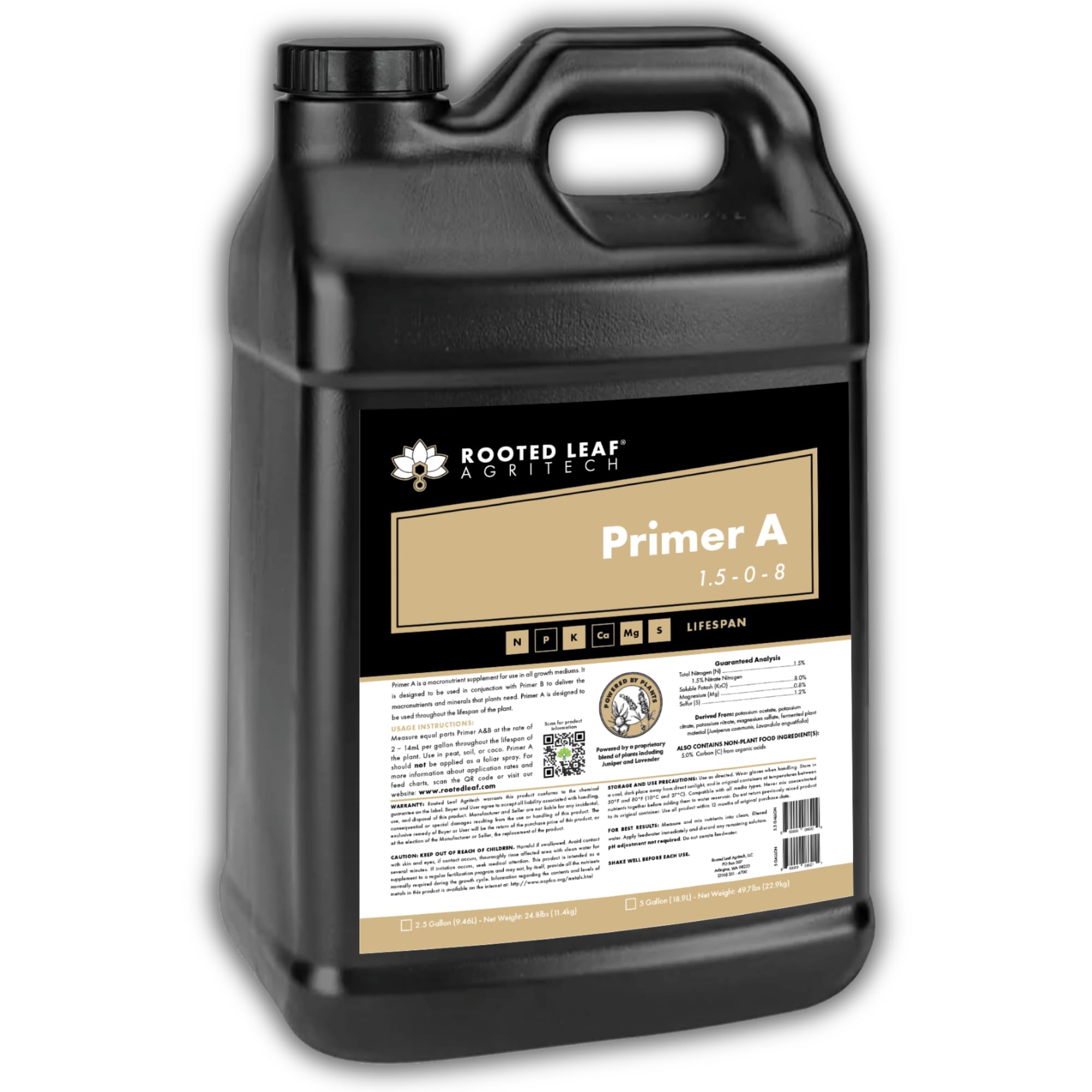 Primer A - Carbon-Based Nitrogen Potassium Plant Fertilizer 100% Bioavailable Nutrients Containing Organic Acids for Indoor House Plants Vegetables Tomatoes - 2.5 Gallon