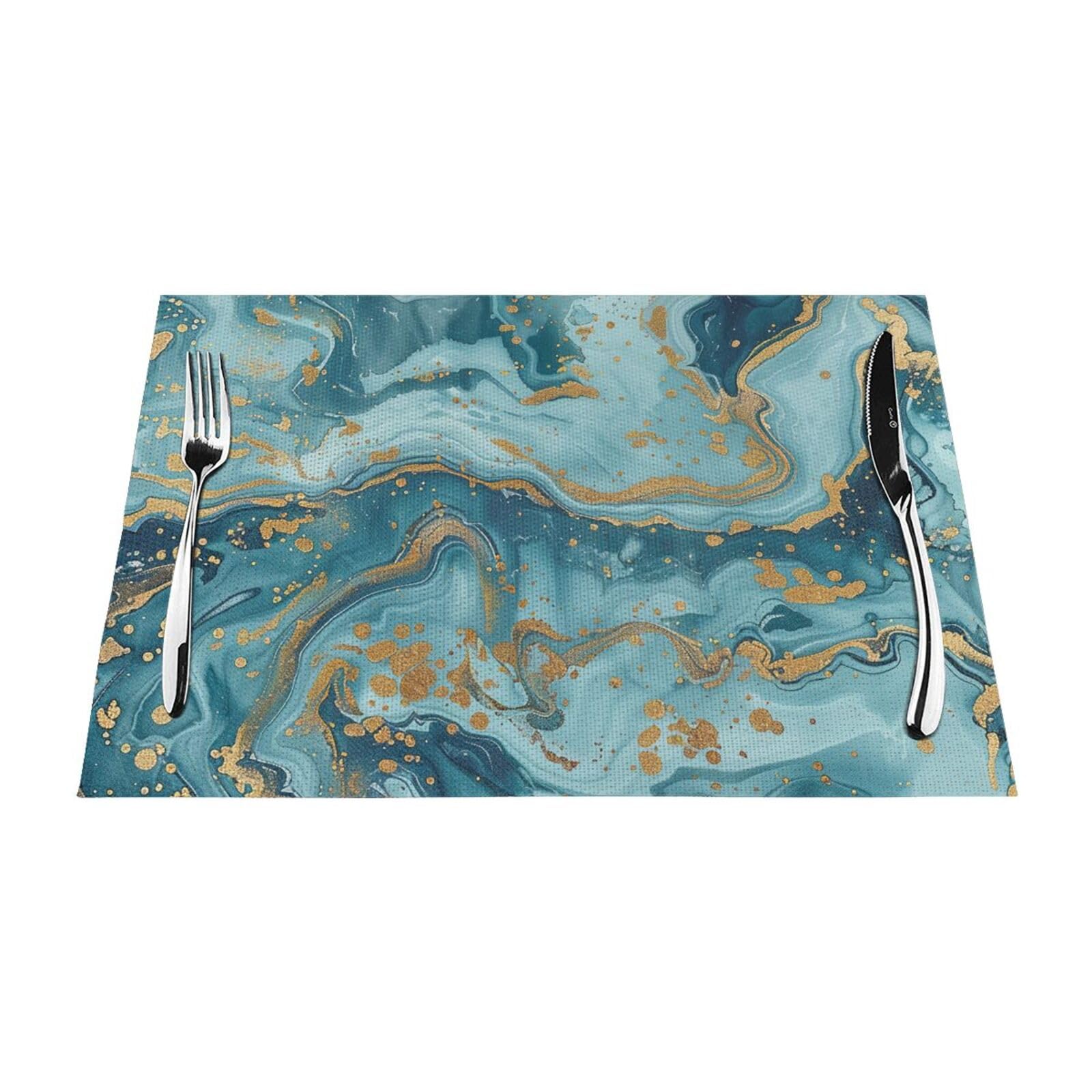 Azurite Teal and Foil Gold Oil Marble Pattern Printed PVC Placemat 1 PCS for Kitchen Dining Table Heat-resistand Washable Table Mats 18x12 in
