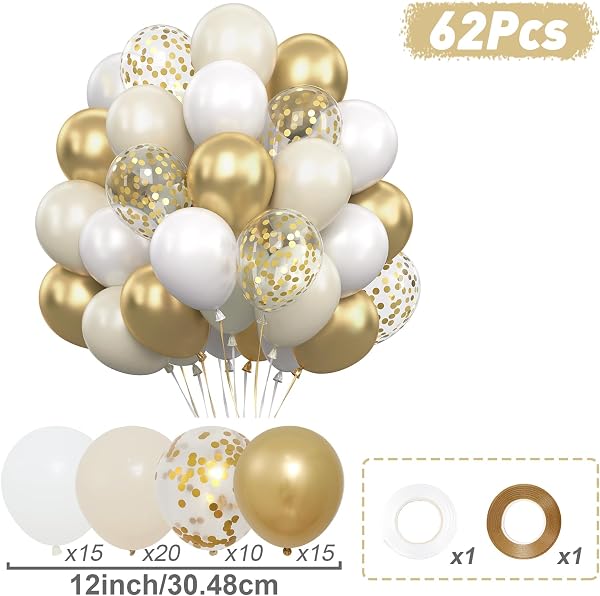Ballons Blanc Doré, 62 Pièces Ballons Anniversaire Beige Blanc, Ballon Or Métallisés et Confettis, Ballon Helium pour Decoration Anniversaire Mariage Baby shower Nouvel An Eid Mubarak 12Pouces - 2