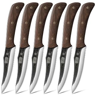 HOSHANHO Steak Knives Set of 6, Ultra Sharp 4.5 Inch Non Serrated Steak Knife Set, Hand Forged High Carbon Steel Dinner Steak Knives with Full Tang Wood Handle - Amazon product rated Grade A