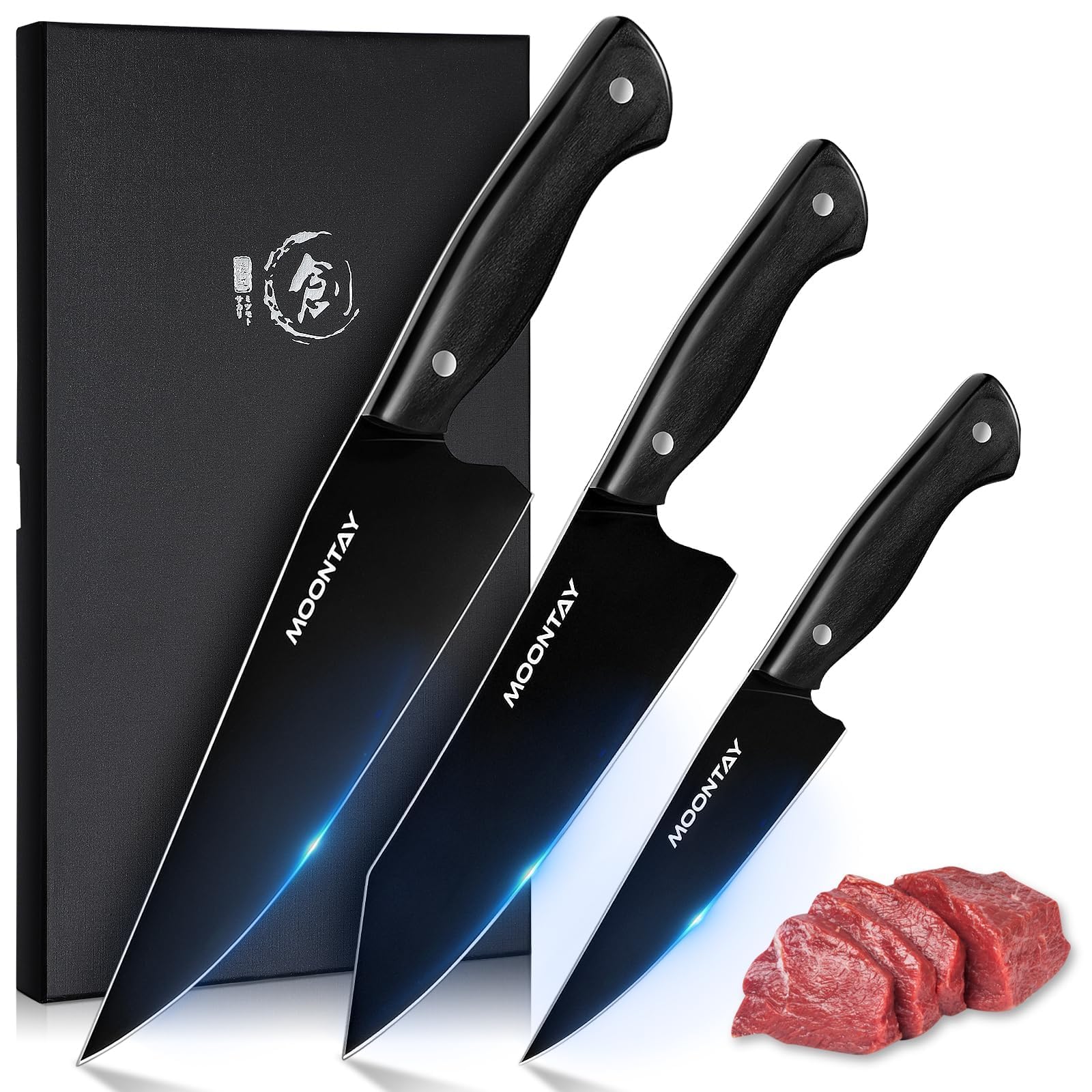 Moontay 3-teiliges Küchenmesser-Set mit Geschenkbox - Kochmesser, Santoku & Universalmesser - Aus rostfreiem Edelstahl mit rutschfestem Griff - Rasiermesserscharfe Messer zum Kochen - Geschenkidee