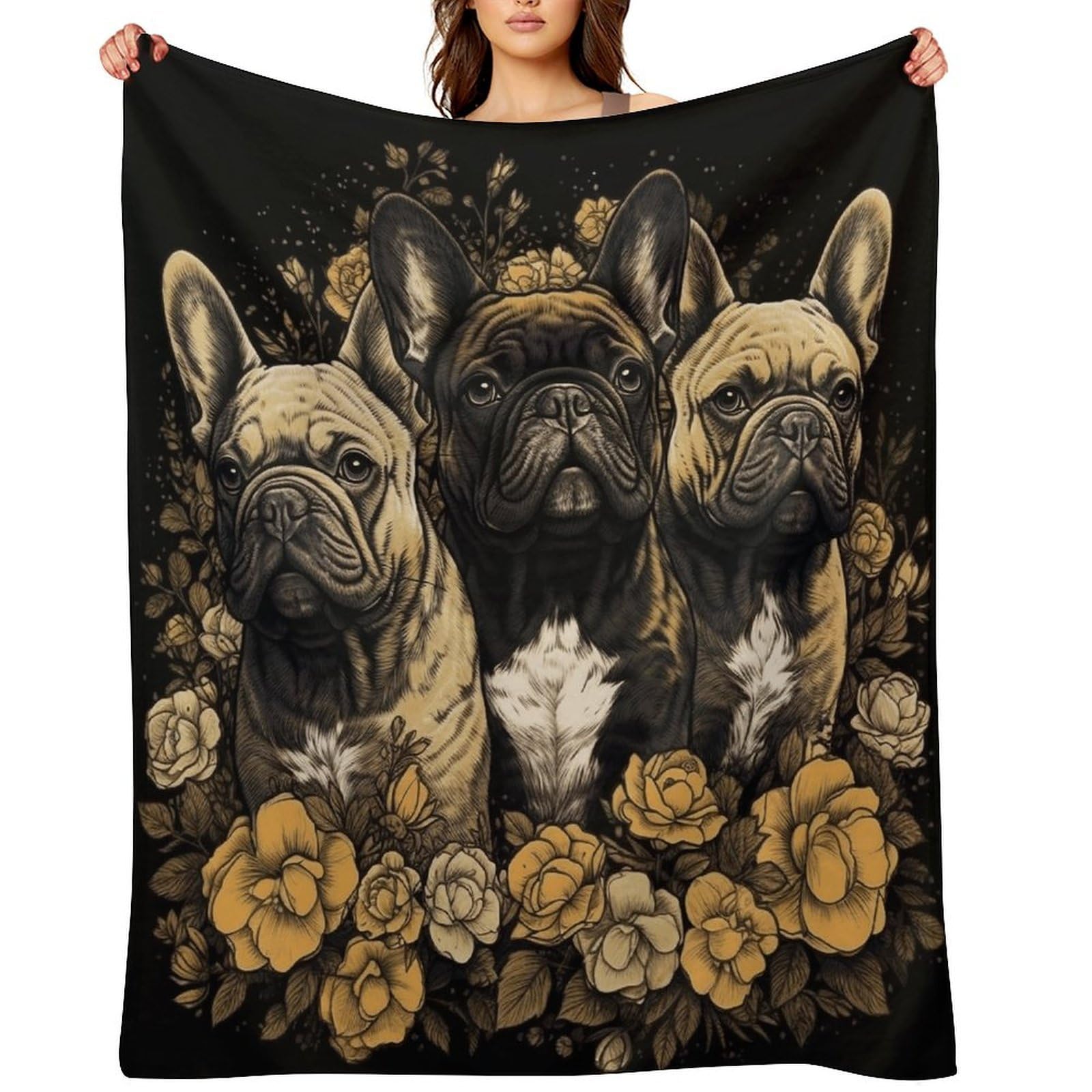 Three French Bulldogs Throw Blanket for Couch and Bed Super Soft Warm Lightweight Throw Blankets Cozy Fuzzy Flannel Blanket Personalized Decorative Blankets for Sofa Decor 60"x80"