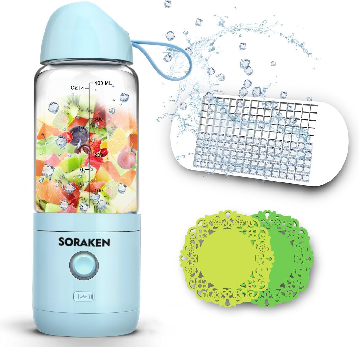 Portable Blender, Personal Blender for Single Served, Blender for Shakes and Smoothies, Small Blender USB Rechargeable Mini Blender with Ice Tray, Two Silicone Cup Mats and Recipe (FDA and BPA Free)