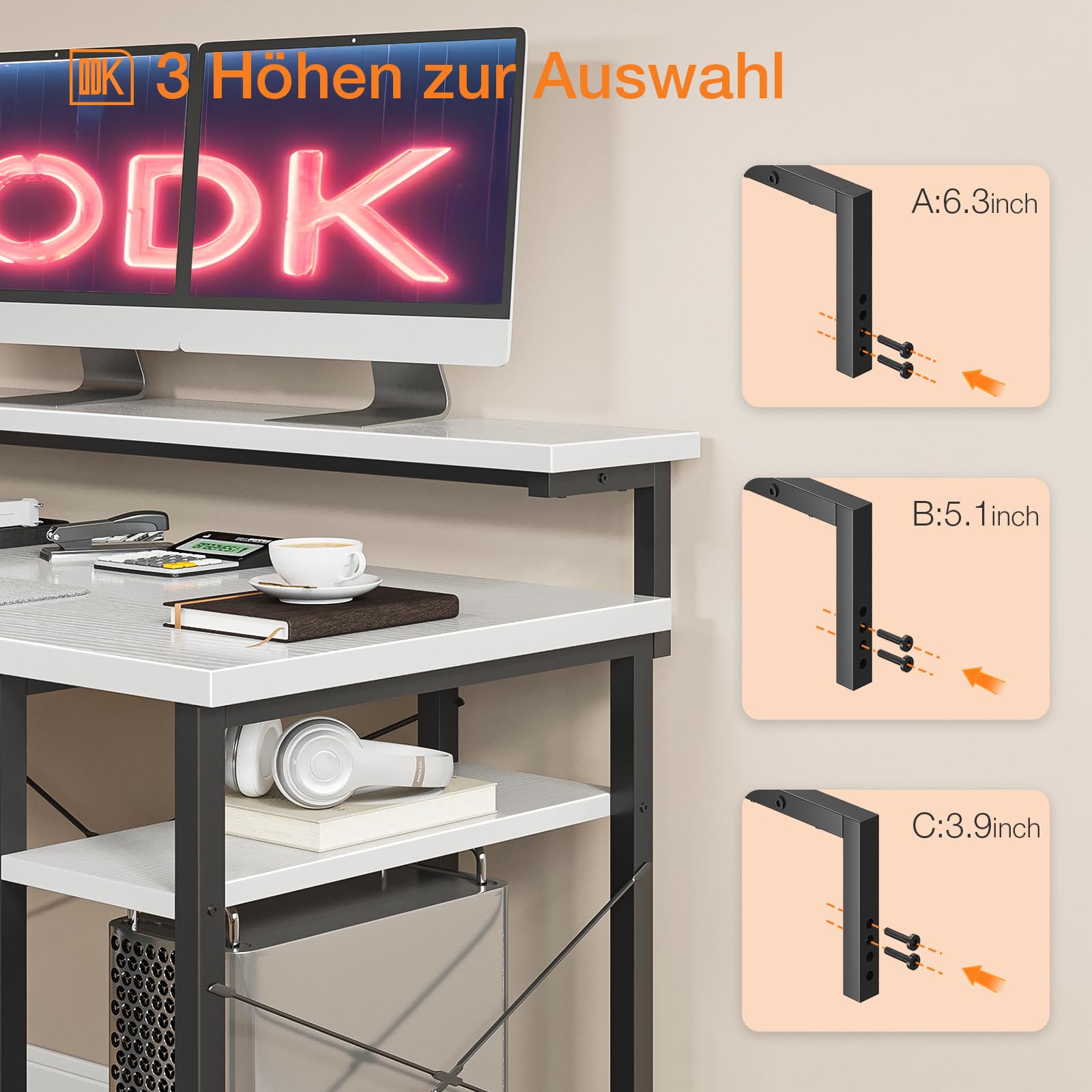 ODK Eckschreibtisch mit Regal, 137 × 140 cm, Reversibel, Weiß | Gaming Tisch und Schreibtisch in L-Form mit Stauraum und Ausstellungsfläche für Homeoffice und Büro