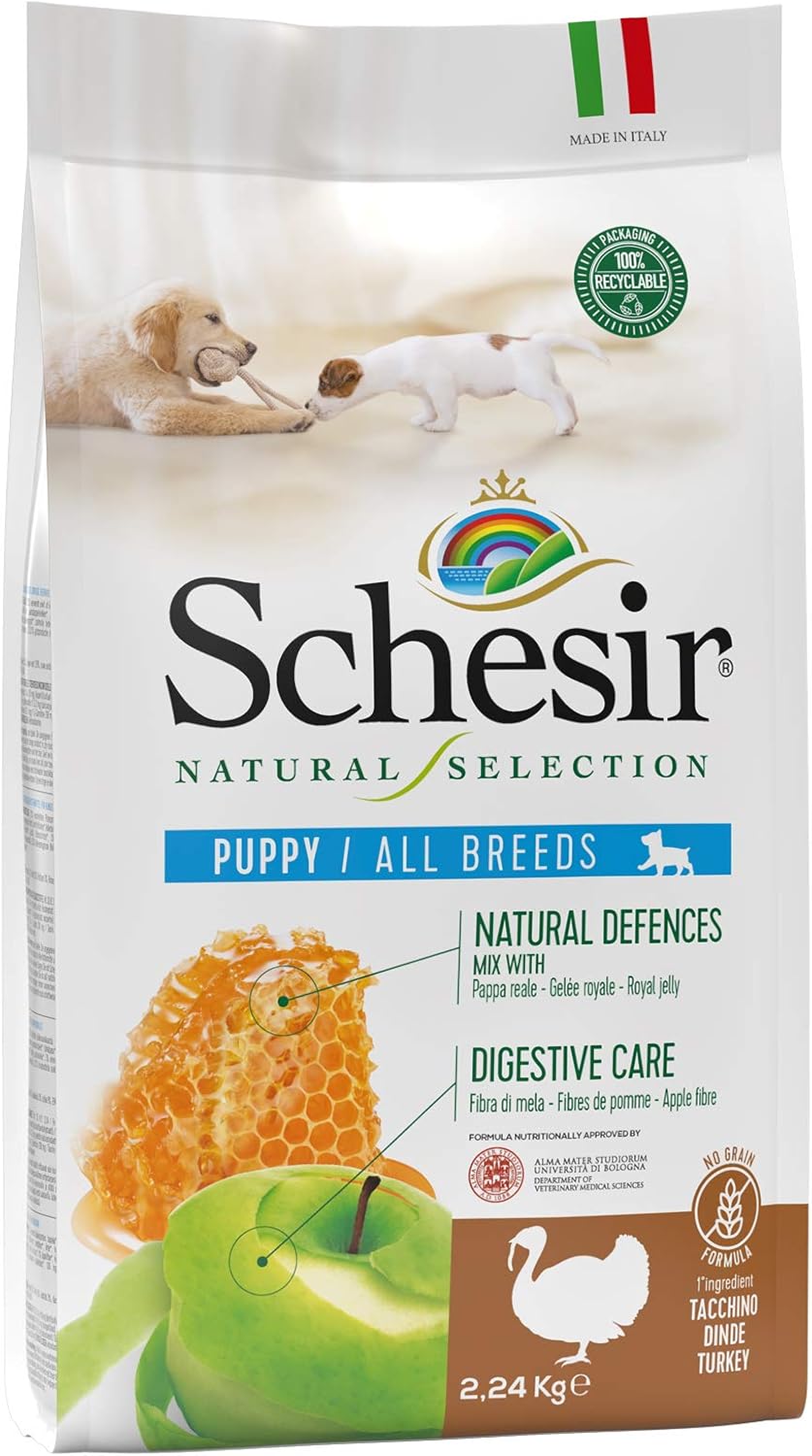 Schesir, Pienso Completo Y Equilibrado para Cachorros, Línea Natural Selection con Alto Contenido En Pavo, Croquetas - Formato Bolsa De 2,24 Kg