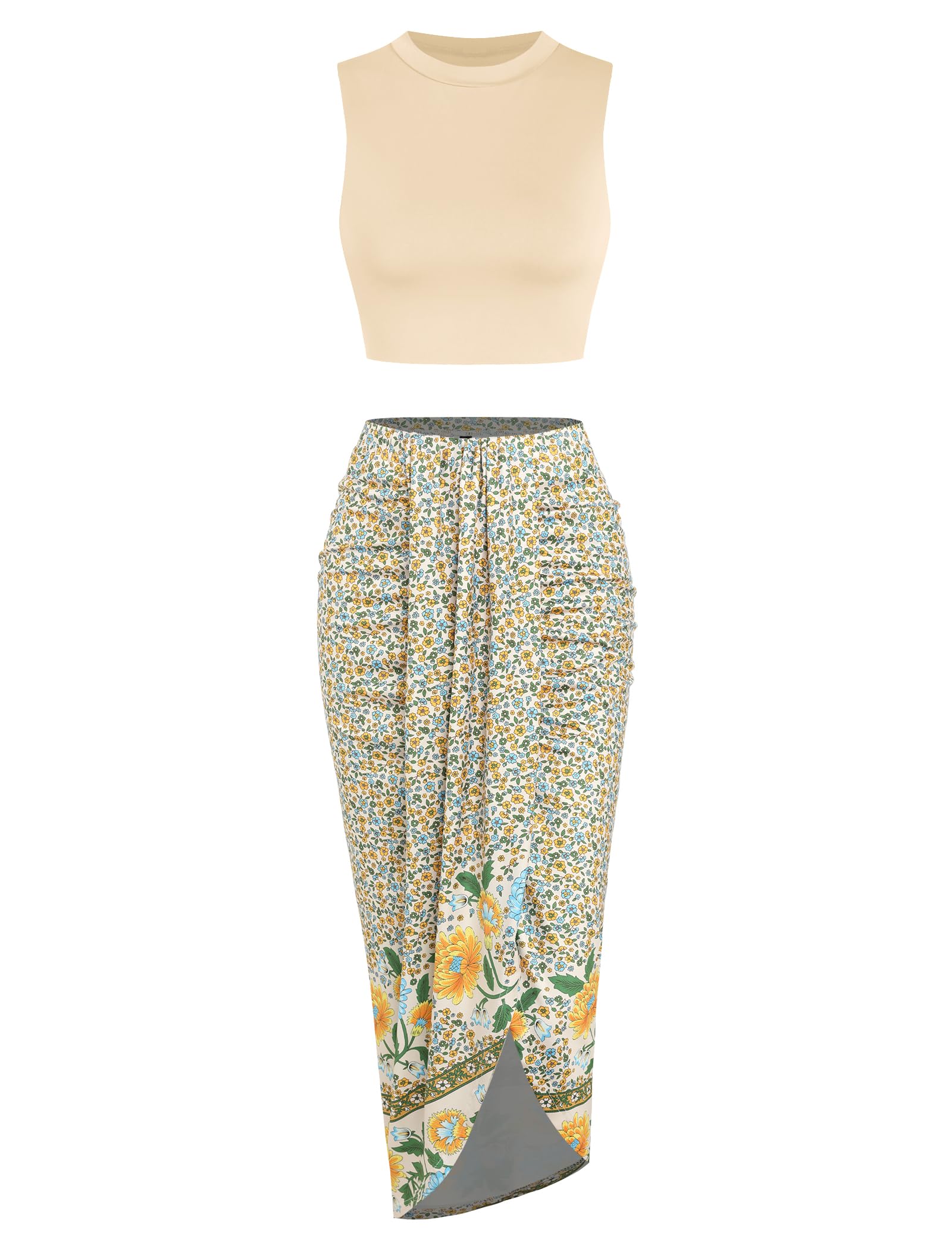 ZAFUL 2 Piece Skirt Sets for Women Crop Top Ruched Maxi Skirt Suiting