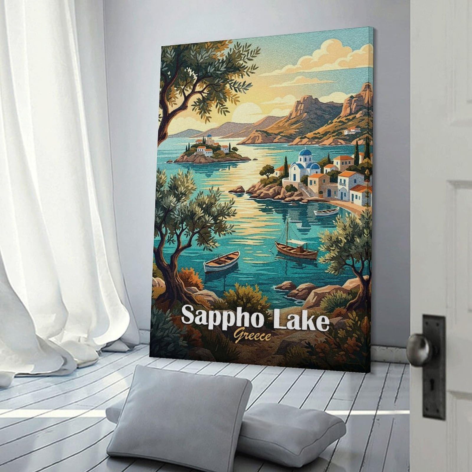 Junmoney Sappho Lake Greece Landscape Painting Room Decor Wall Art, 12x18inch(30x45cm), for Hallway, Lounge Or Guest Room, Gift Idea for Housewarming And Birthdays
