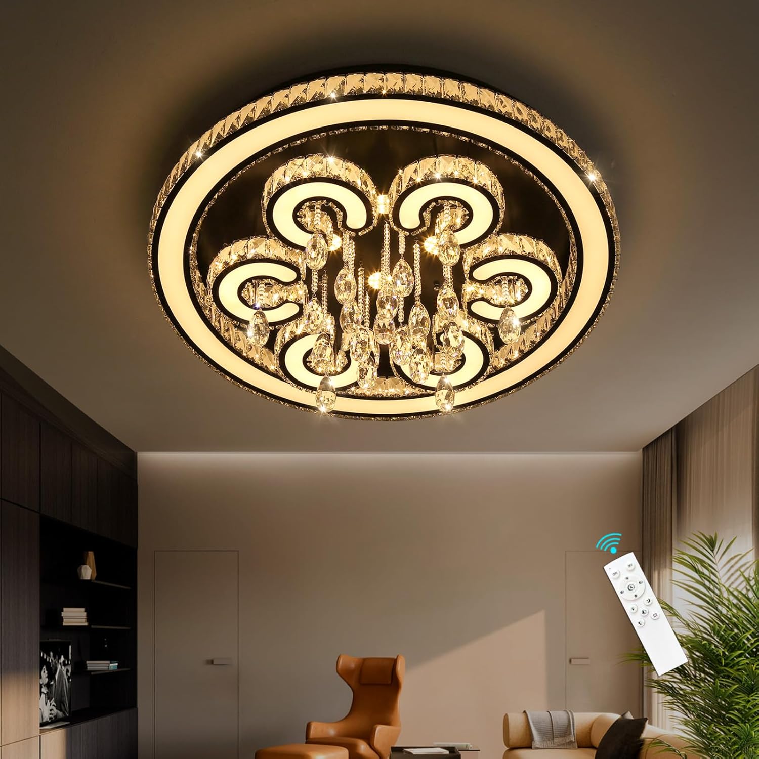 32 Inch Glam Chandelier Modern Crystal Luxury Interior Ceiling Light Fixture Remote Dimmable LED Lighting Fixtures for Dining Room Bedroom Living Room Black Light