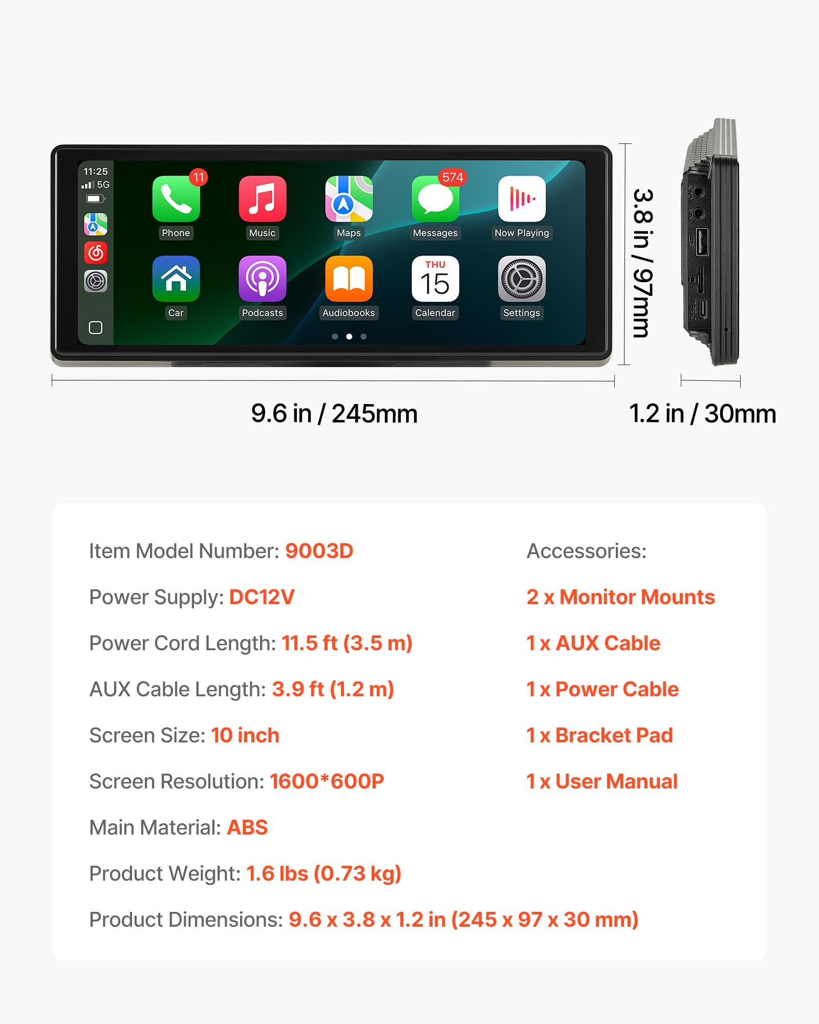 VEVOR Autoradio sans Fil, Écran Central Tactile HD 25,4 cm, Compatible avec Apple CarPlay et Android Auto, Commande Vocale, Mirror Link, Bluetooth, Navigation GPS, Accessoires pour Voitures Camions
