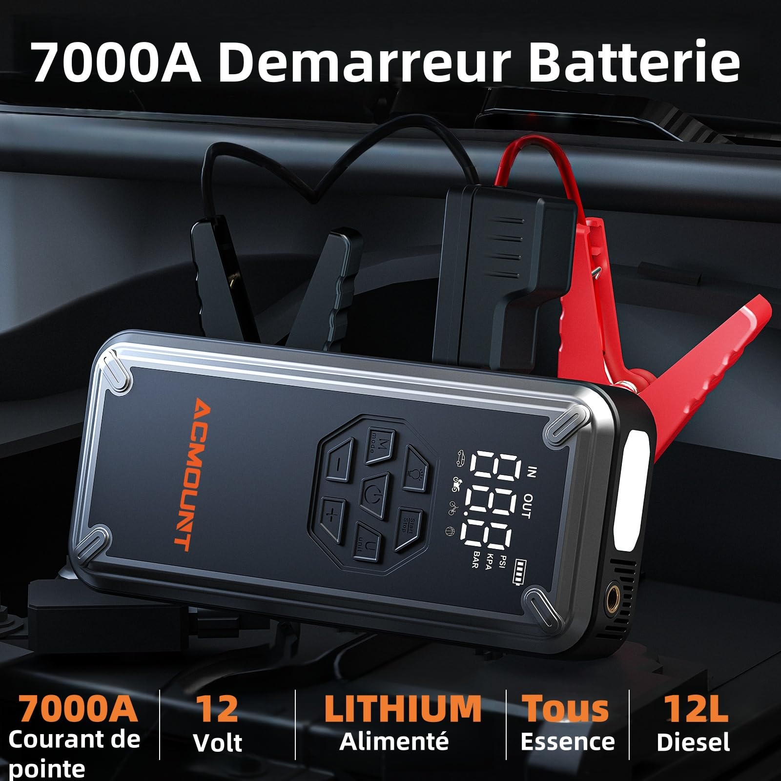 Acmount 7000A Booster Batterie Voiture avec Gonfleur 150PSI, 21800mAh Demarreur Batterie Voiture avec Lampe 800LM,18W Charge Rapide, Port de QC3.0 pour 12V Véhicules (Tout Gaz/12L Diesel)