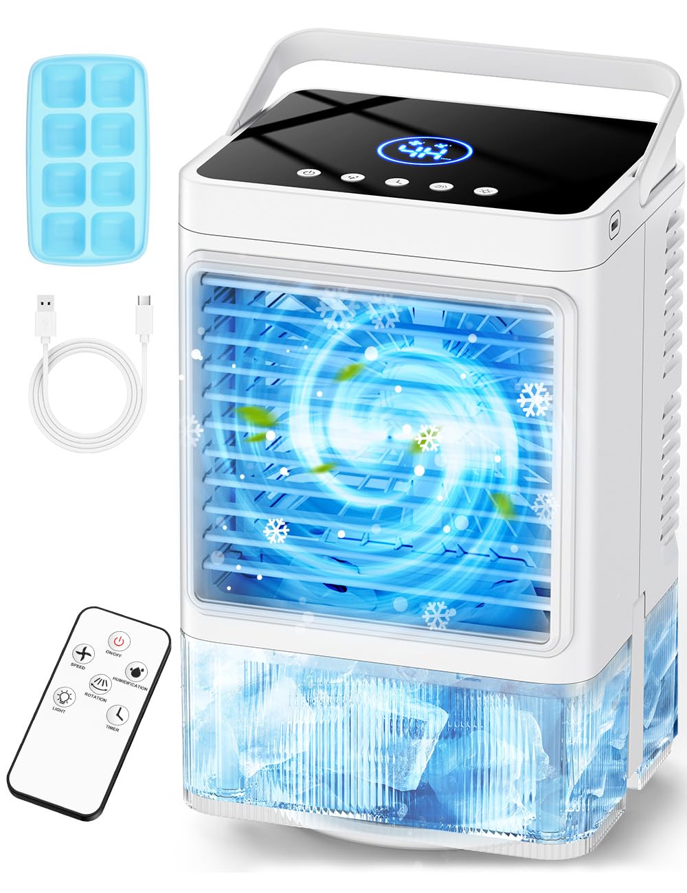 COOLECH Small Air Conditioner w/3 Speeds&3 Modes, Remote, 1100ML Tank, 8-Cube Ice Tray, 120° Oscillating, 4 IN 1 Humidifier, Portable Air Conditioners, Cooling Fan,7 Night Light, 4H Timer Desk AC Unit