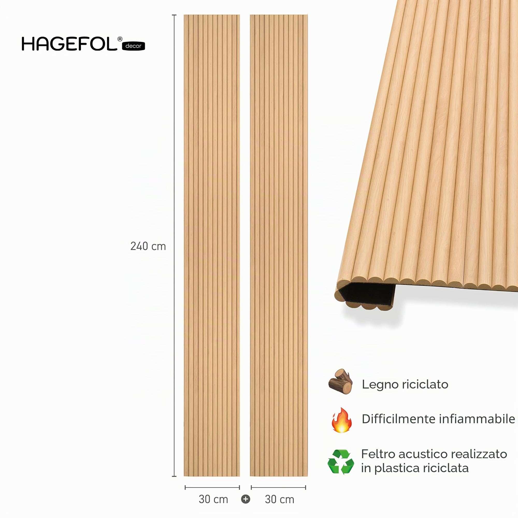 HAGEFOL® CurvedLine - Pannelli acustici in legno, 240 x 60 cm, colore rovere, pannelli da parete con lamelle 3D, impiallacciatura di legno su feltro acustico, pannelli fonoassorbenti (2 pezzi da 240 x