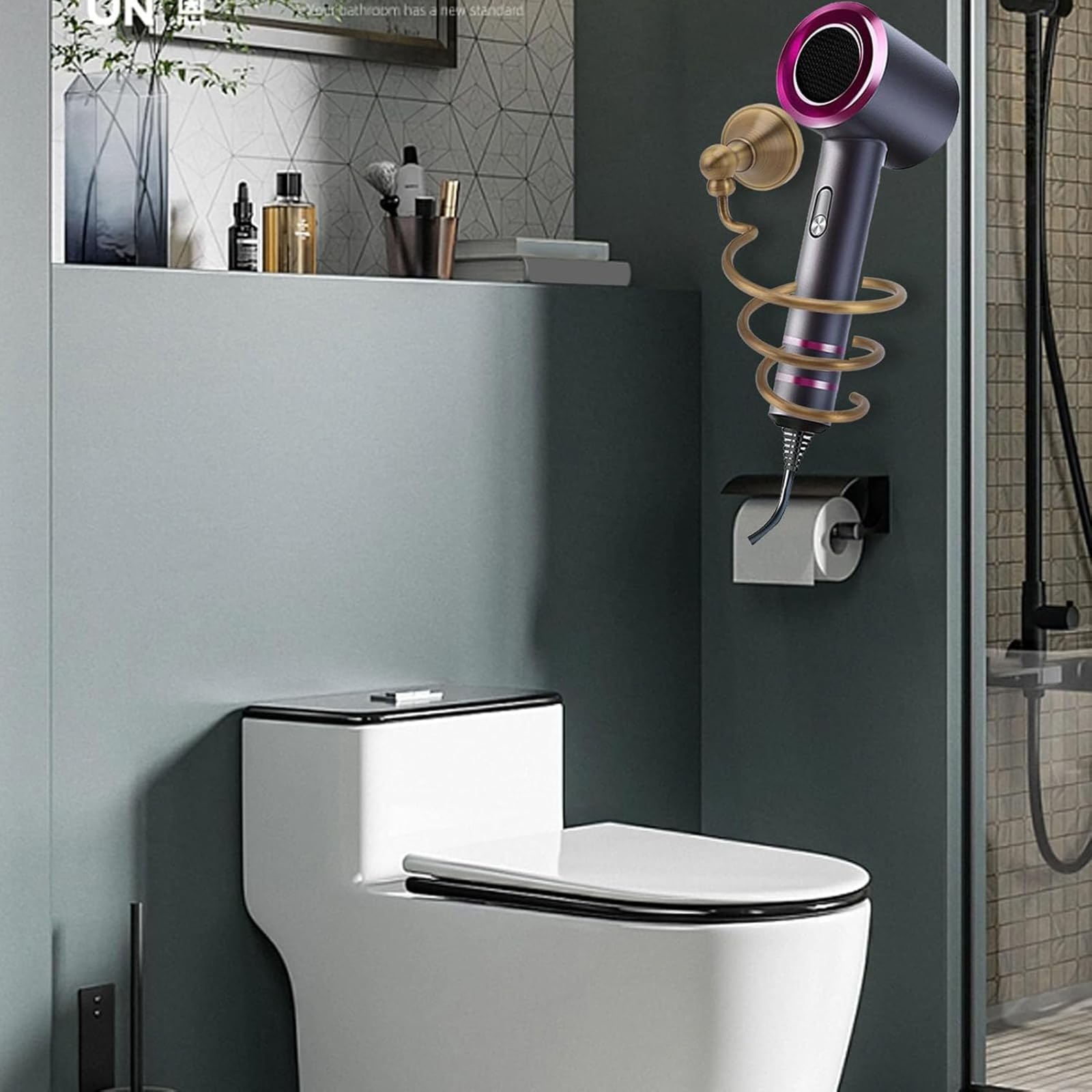 Soporte para secador de pelo en espiral montado en la pared para baño y salón de belleza, organizador de secador de pelo de cobre con acabado de latón