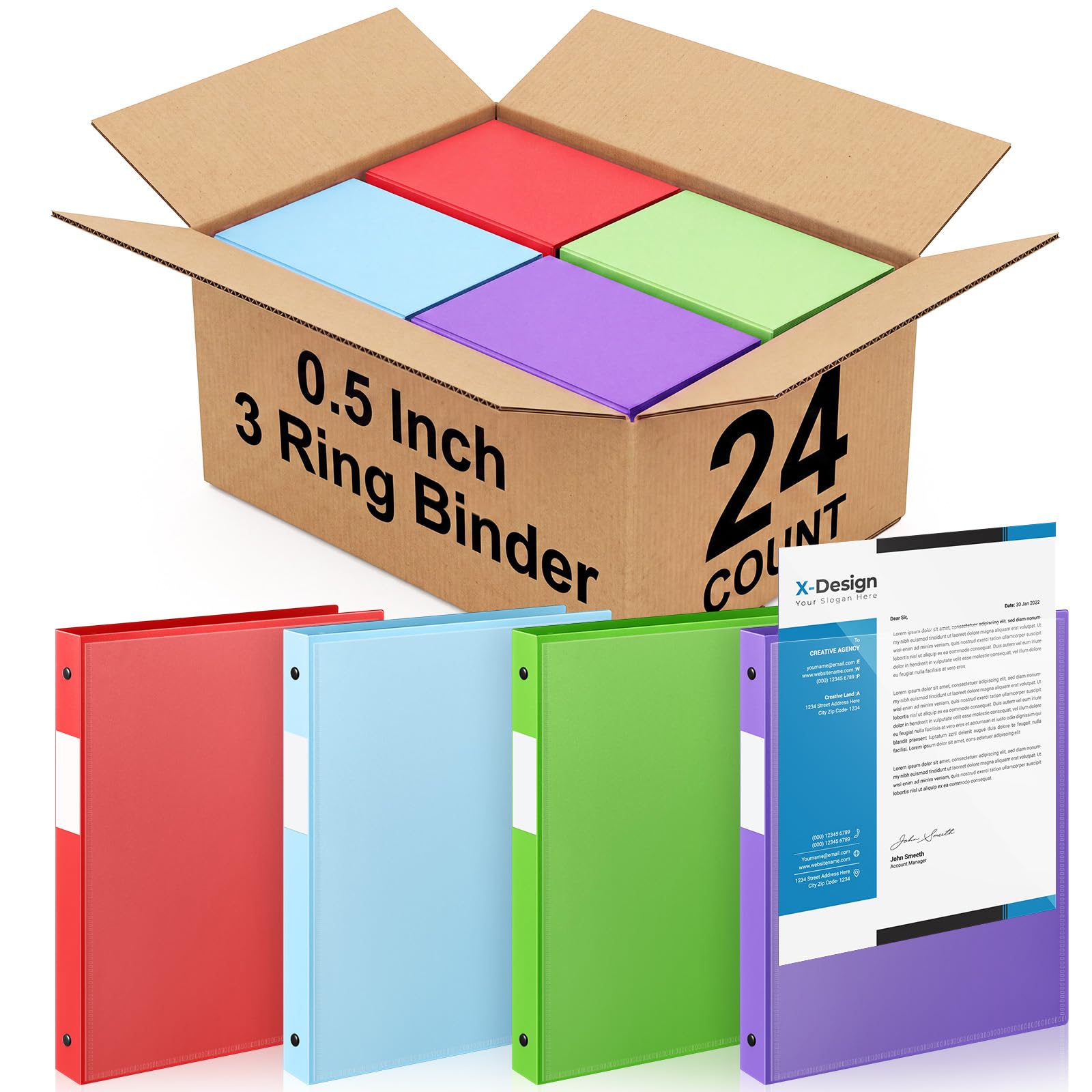 Henoyso 24 Pack 1/2 Inch 3 Ring Binder with Clear Cover Fit Letter Size 8.5" x 11" Paper Holds 140 Sheets, Bulk Binders for Organizing School, Office &amp; Classroom Documents, 1 Pocket (Pastel Colors)