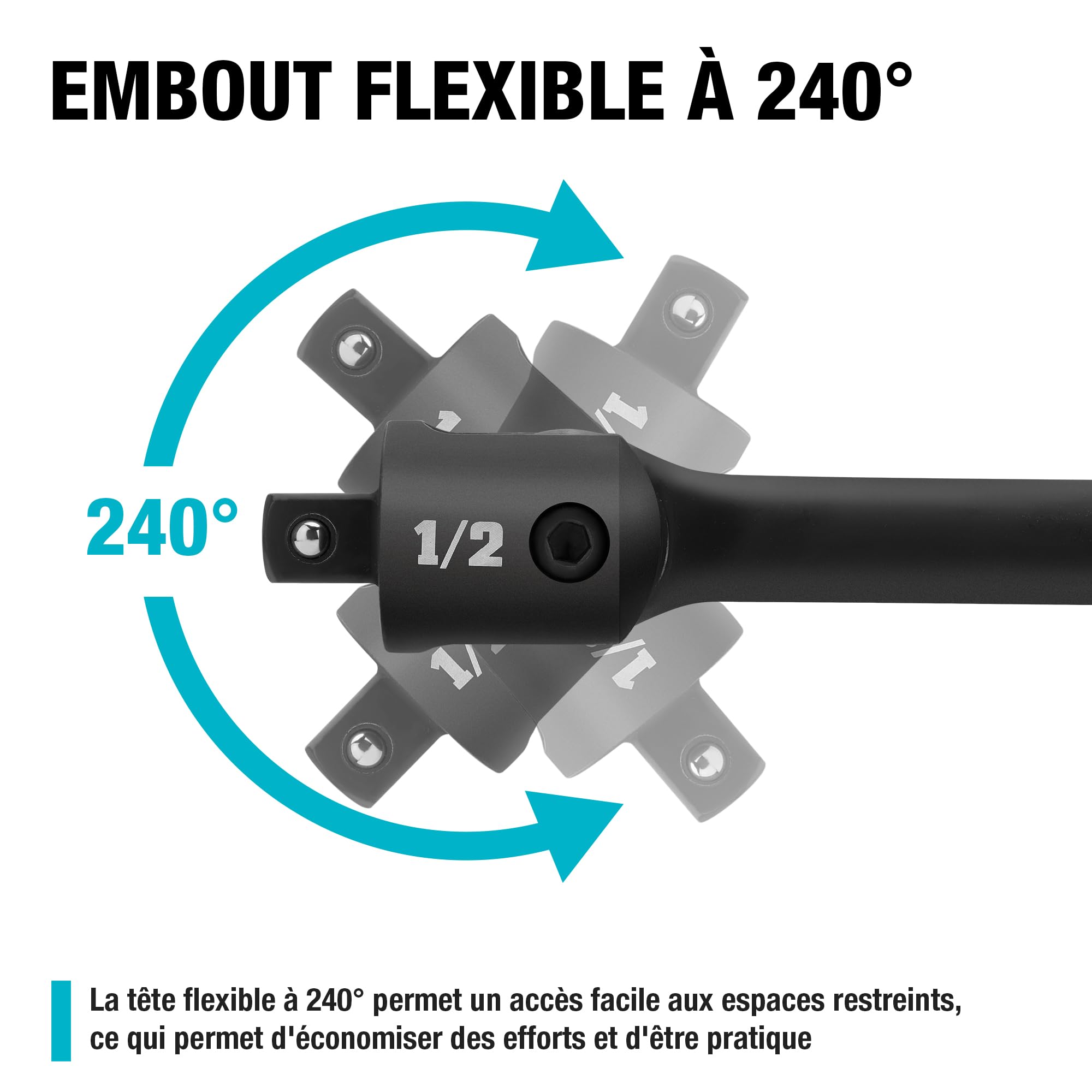 DURATECH Clé à Cliquet Articulée 1/2", Barre de Force de 600 mm Robuste, Clé de Force avec Tête Flexible 240°, Couple Maximal 780Nm, pour Réparations Auto et Atelier