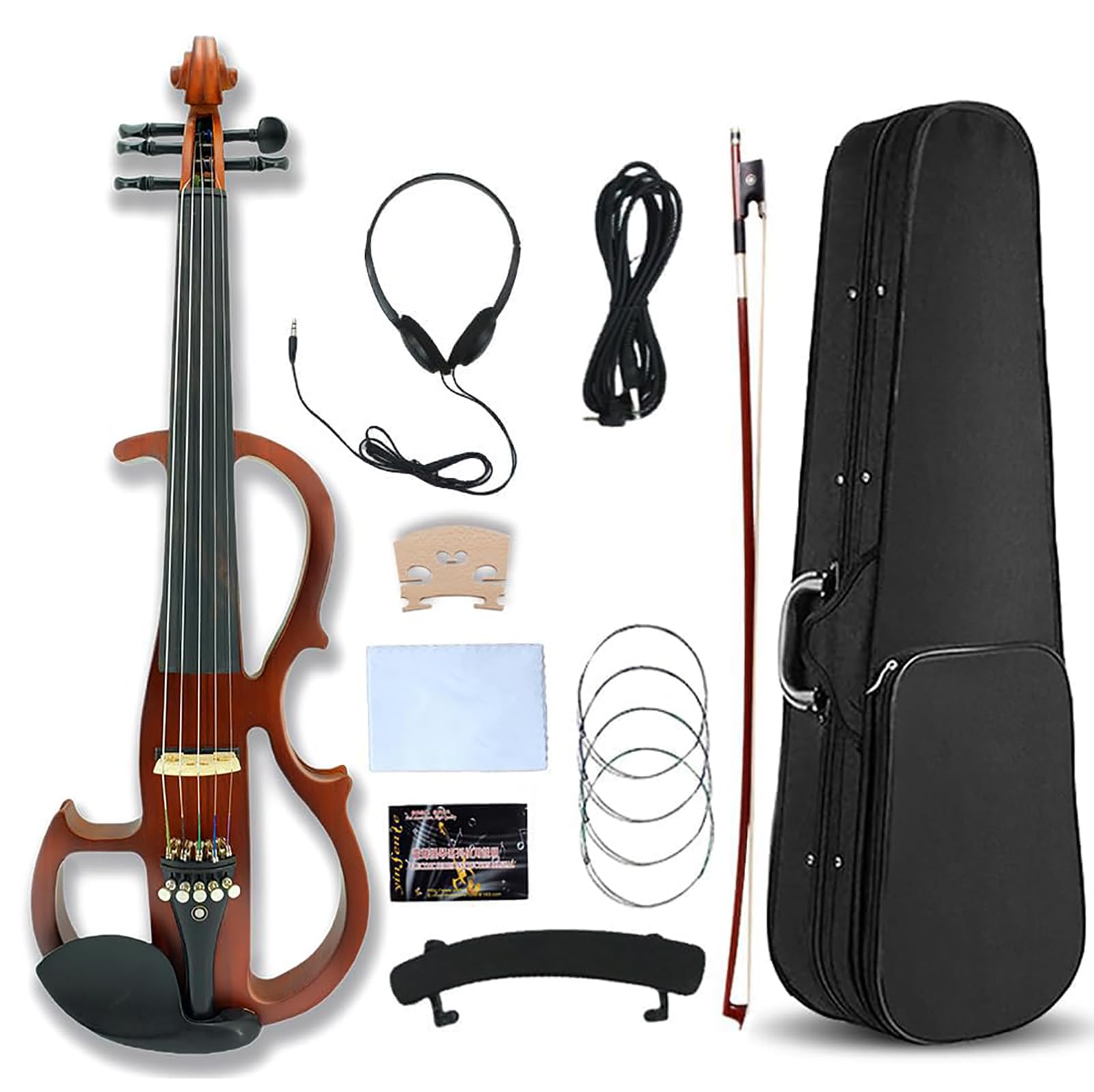 Vetimobato Electric Violin 4/4 Full Size Solid Wood Silent Violin Set for Adults Beginner Practice Electric Fiddle with Ebony Fittings Hard Case &amp; Bow(5 String Rosewood color)