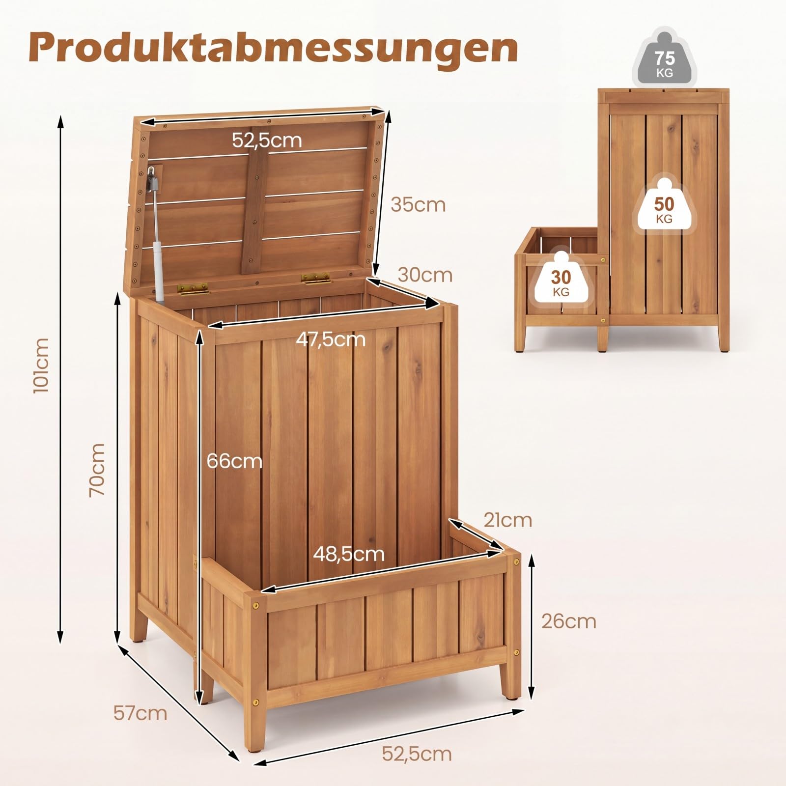 COSTWAY Blumenkasten mit Gartenbox, Auflagenbox mit Deckel, Paketbox mit Pflanzkübel aus Holz, Aufbewahrungsbox für Pakete & Gartengeräte, für Garten & Terrasse, 57 x 52,5 x 70 cm, Natur