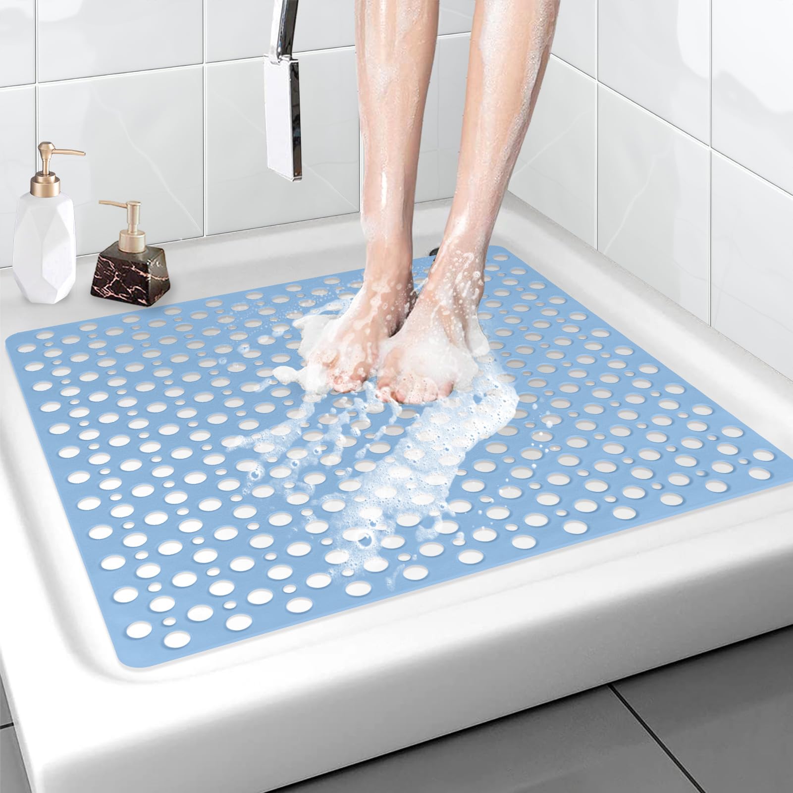 Square Shower Mat 70x70 cm, Non Slip Shower Mat, Soft TPE Large Shower Mats for Inside Shower, Bath Mat with Suction Cups & Drain Holes, Anti Mould Shower Mats, Quick Drying (Solid Blue, 70x70 cm)