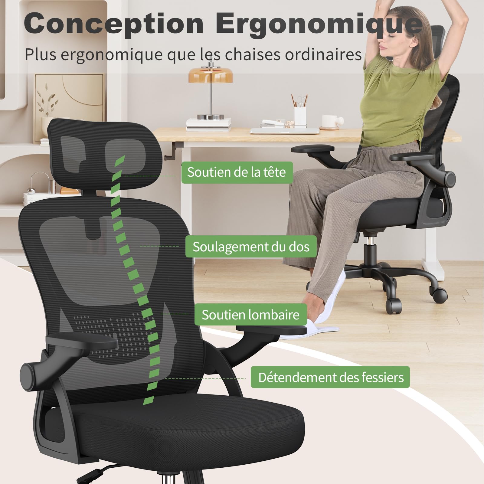 rattantree Sedia da Ufficio, Poltrona Ufficio Ergonomica, Con Braccioli Regolabili e Poggiatesta, Sedia Scrivania Girevole e Regolabile in Altezza, Seduta Ergonomica Traspirante, Per Lavoro, Nera