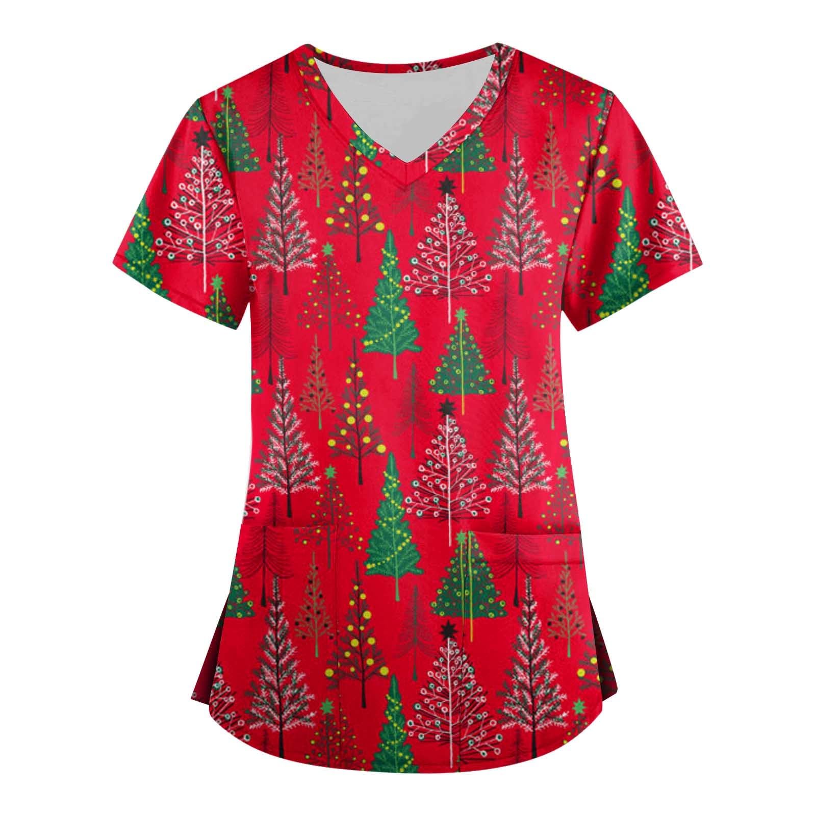 TsamuoChristmas Scrub Top Plus Size Fashion Work Uniform Stretchy V Neck Scrub Shirts for Women with Pockets