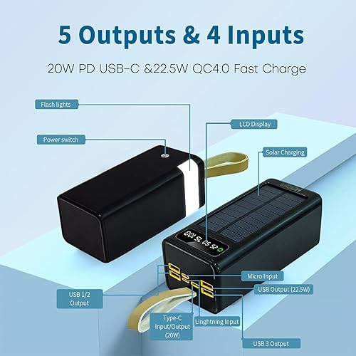 Miniatura 6 de Banco de energía solar, 50000 mAh, 22.5 W, USB C, cargador portátil para portátil con 3 salidas y 4 entradas, linterna LED, batería de carga rápida