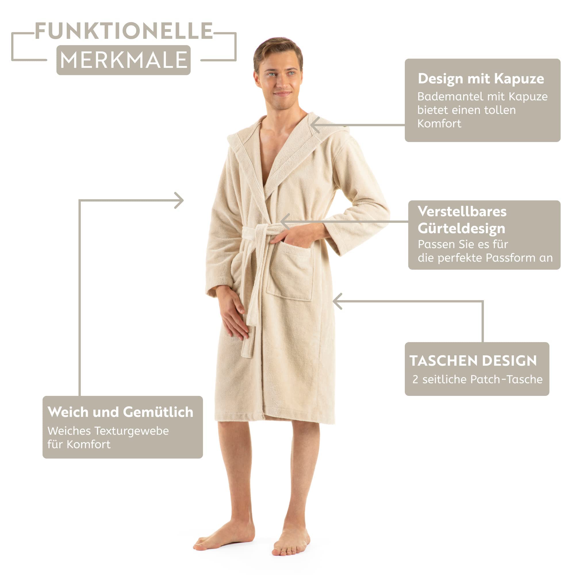 Bademantel Damen Flauschig, Bademantel Herren mit Kapuze aus Baumwolle, Frottee Saunamantel, Unisex, Sauna Mantel Damen mit langem Gürtel S/M - L/XL