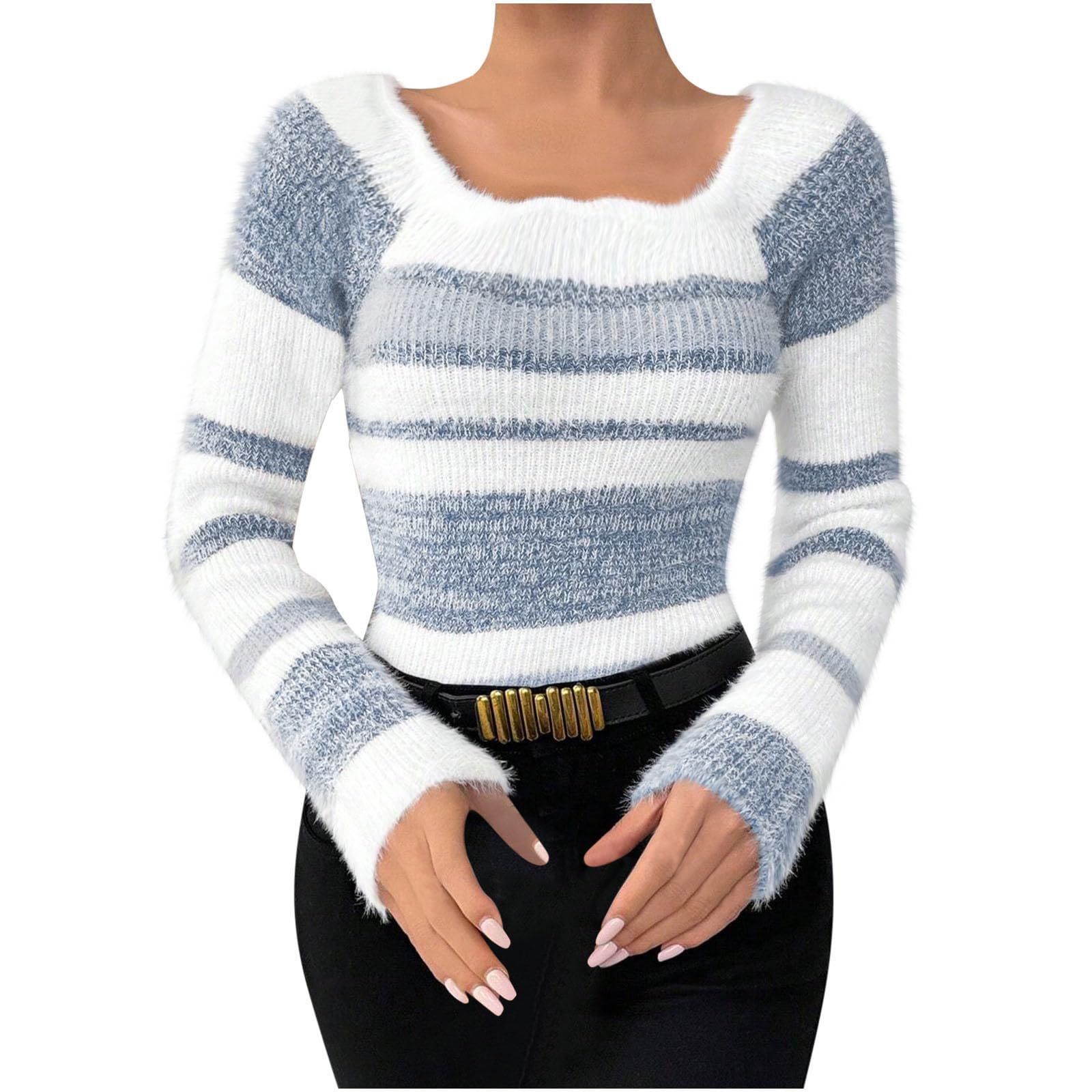 Womens Square Neck Striped Knit Sweater Long Sleeve Soft Color Block Pullovers Ladies Elegant Cozy Knitwear