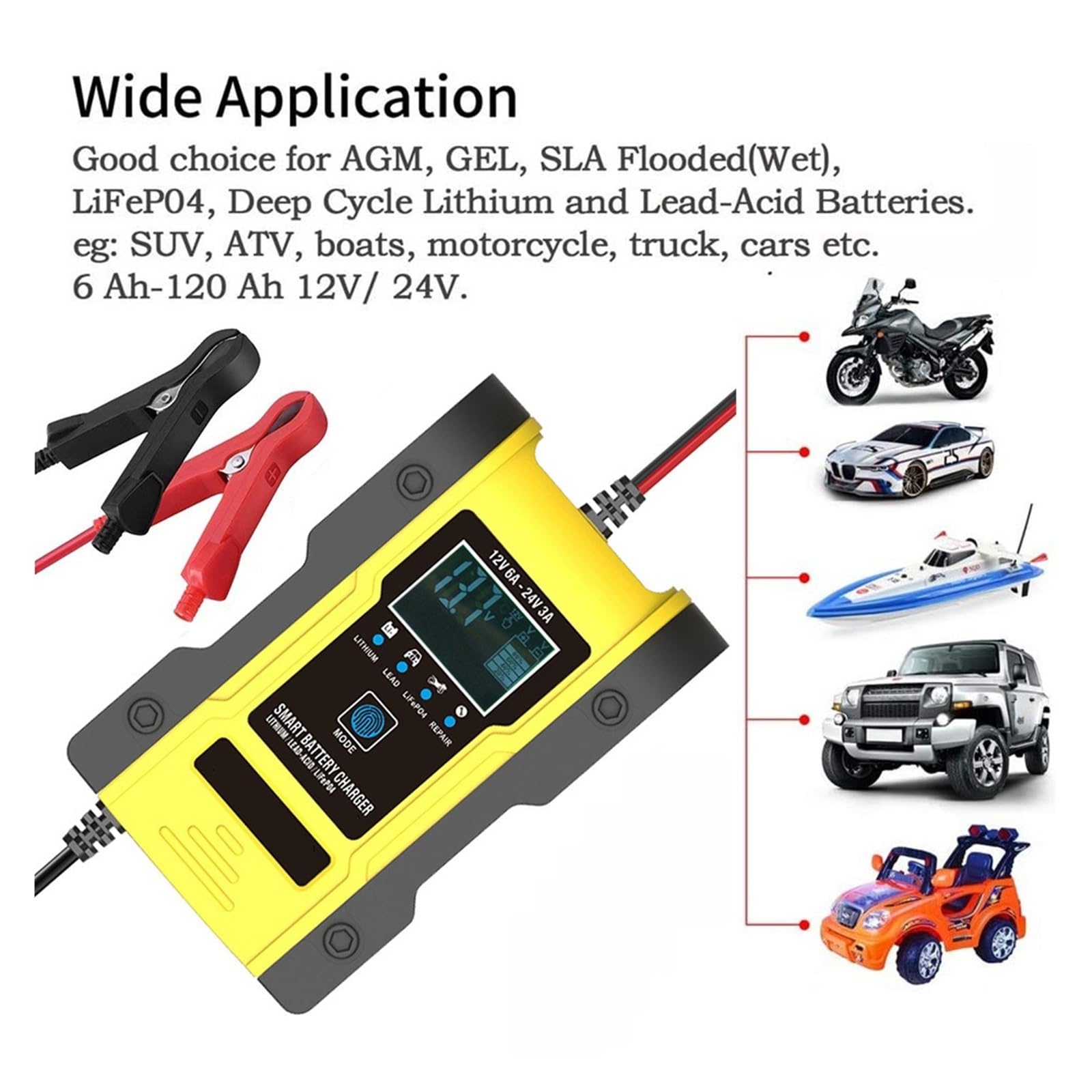 12V-24V 6A W Pełni Automatyczna Inteligentna Ładowarka Do Akumulatora 7-etapowa Samochodowa Mokrych Suchych Akumulatorów Kwasowo-ołowiowych-ładowarki Wyświetlacz LCD Precyzyjne łAdowanie(Yellow)