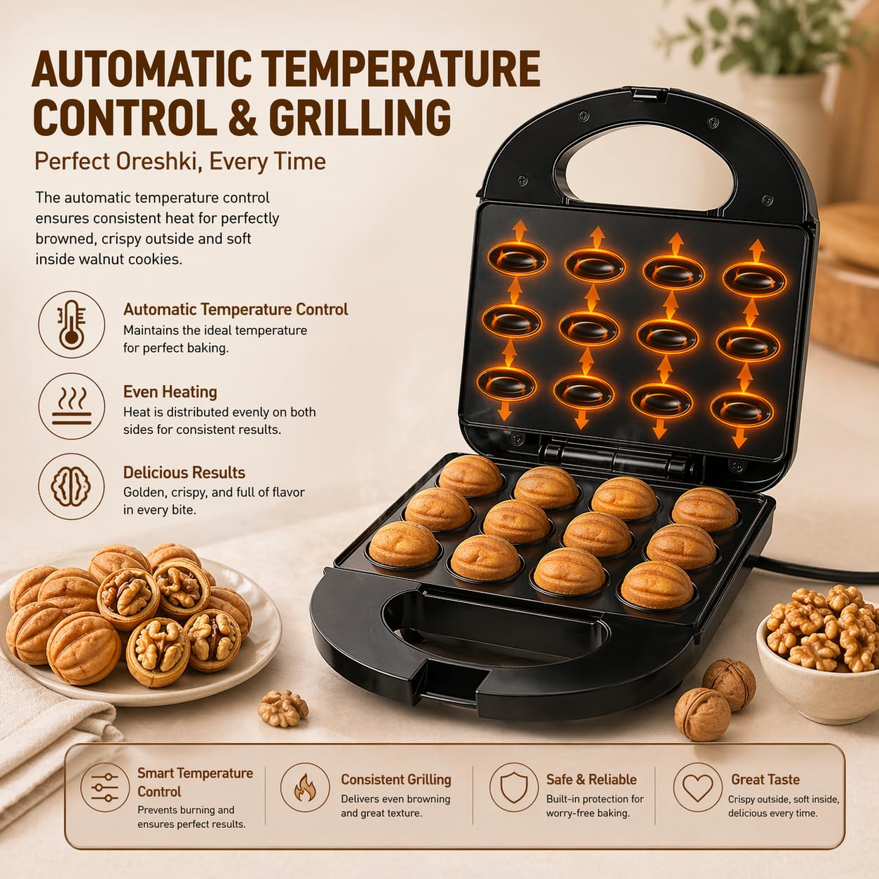 Vikye Walnuss-Keksform-Hersteller, 12 Antihaftbeschichtete Oreshki-Formenmacher, Russisch, 750 W Walnuss-Keksform für Oreshki-Nuss-Kuchen (EU-Stecker 220 V)