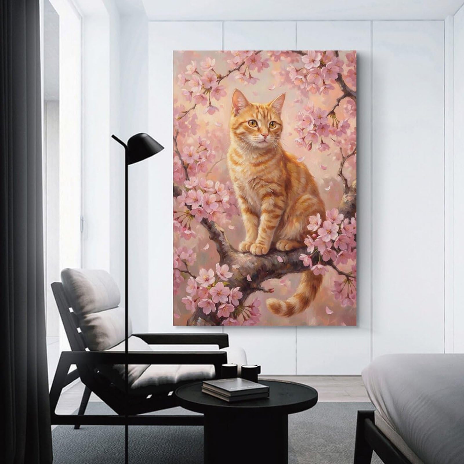 Junmoney Unframe-Style-22 Ginger Cat In Cherry Blossom Room Decor Wall Art 08X12inch(20X30cm), For Lounge Decor, Offices Or Entryway Styling, A Flexible Wall Accent For Shared Spaces