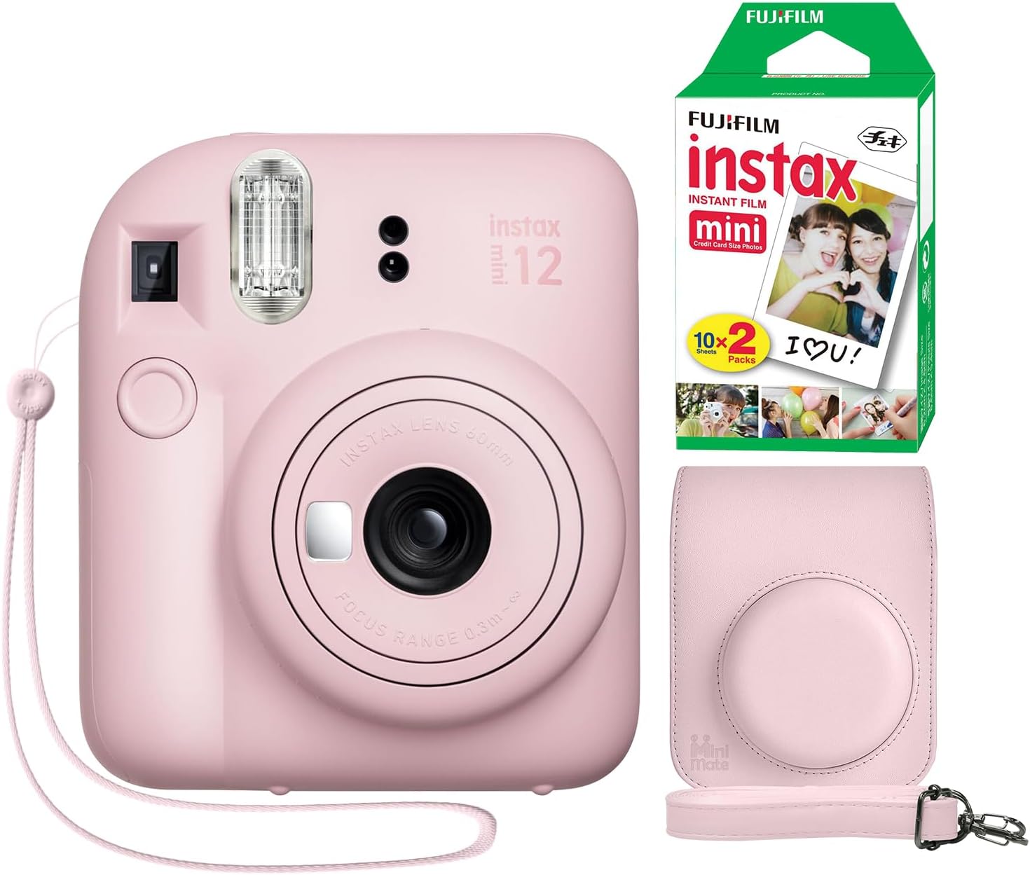 Instax Mini 12 Instant Camera Blossom Pink + Minimate Custom Case + Fuji Instax Film 20 Sheets Twin Pack