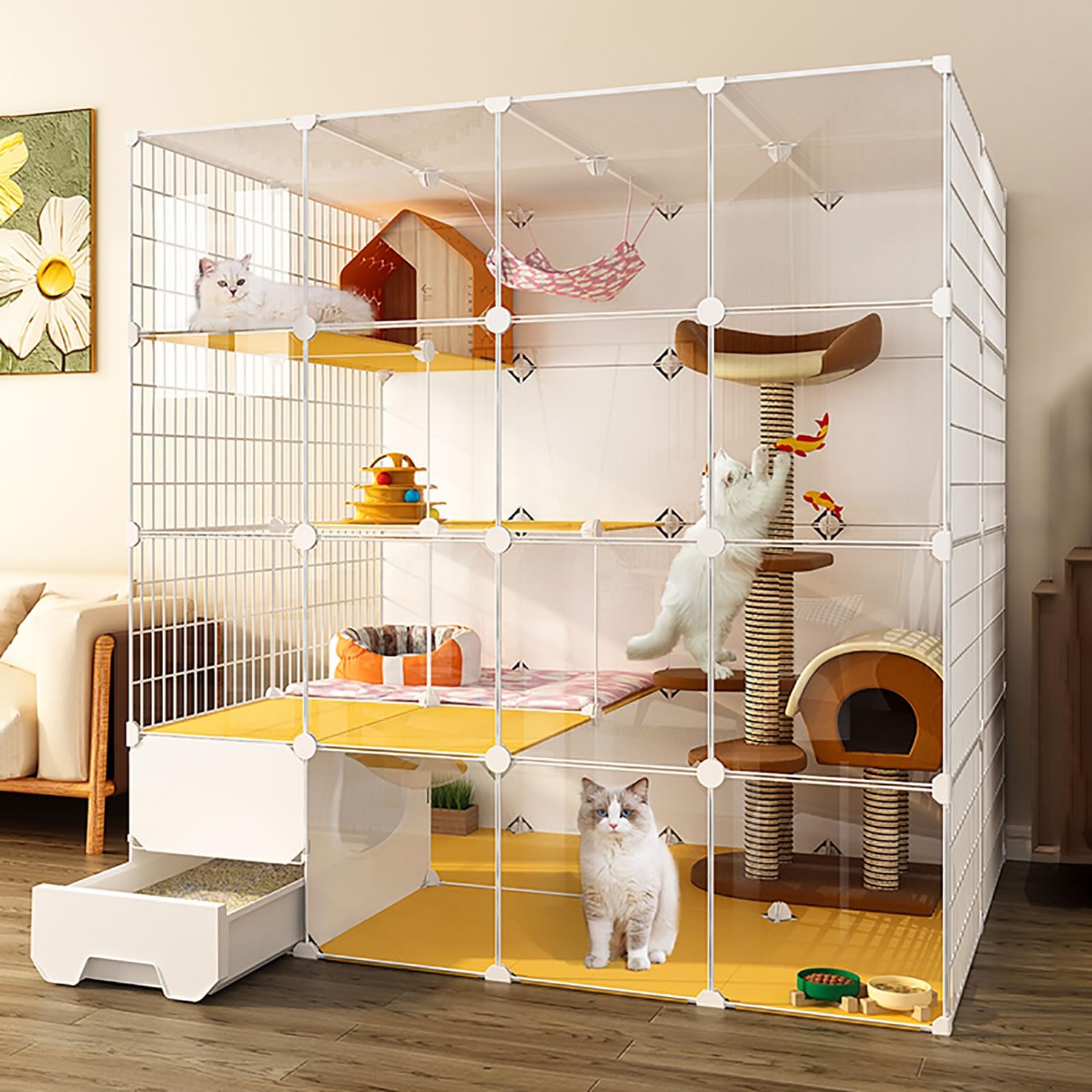 EsEntL Gabbie per Gatti di Grandi Dimensioni da Interno, Box Fai-da-Te Con Lettiera, Cuccia Staccabile in Filo Metallico Semi-Chiuso, Recinto per Animali Domestici, Ampio Spazio