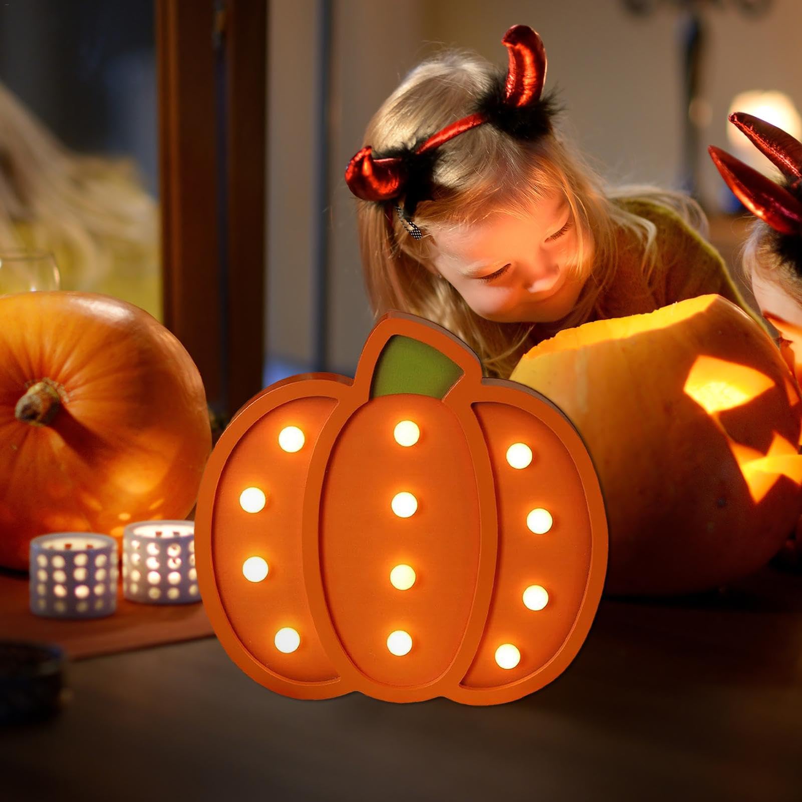 2 Citrouilles Halloween Lumineuses 3 Têtes Mutantes - Décoration Suspendue Ou Table Intérieur Extérieur