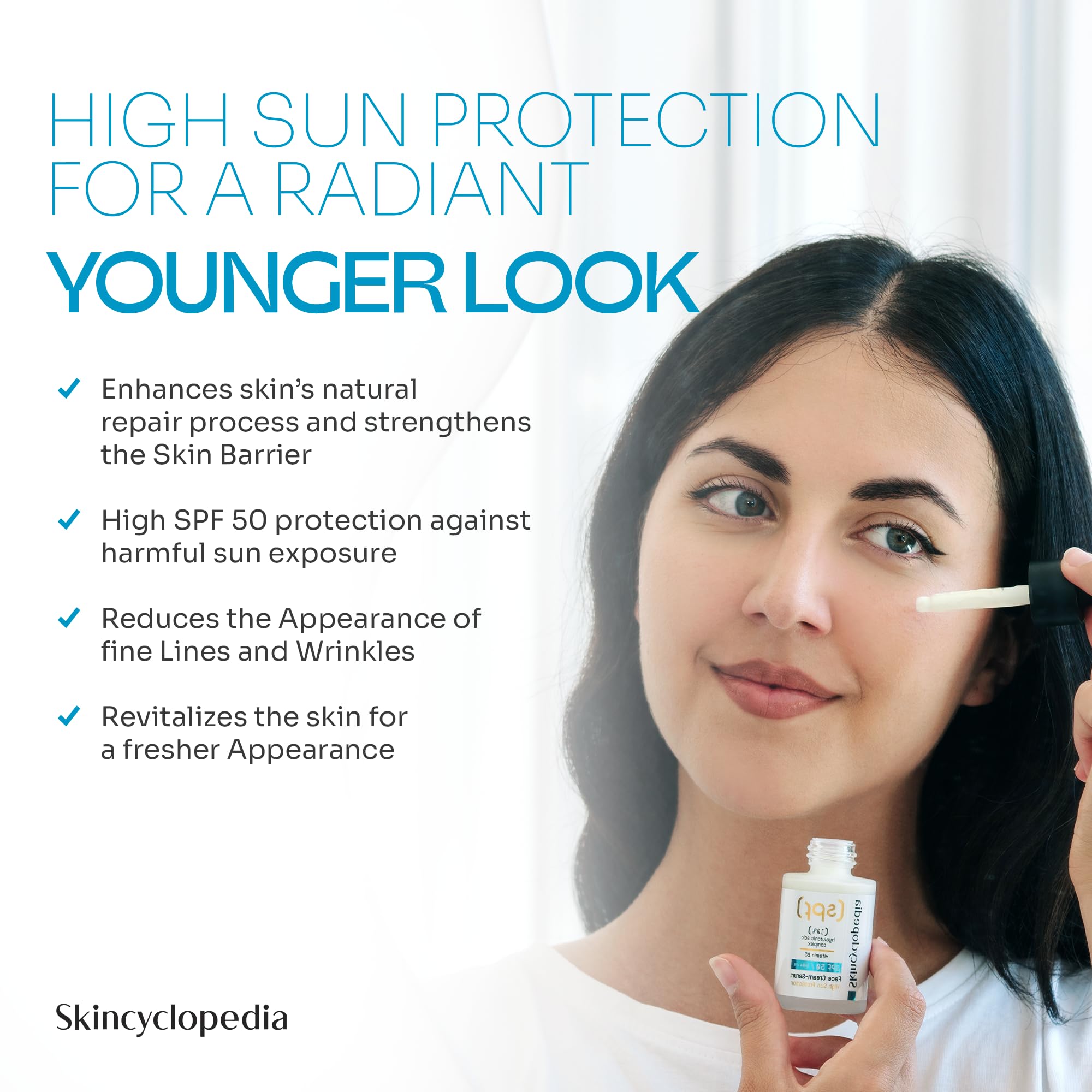 Skincyclopedia Serum z kwasem hialuronowym, LSF 50 serum do twarzy z 10% kompleksem hialuronowym i witaminą B5, ochrona przed słońcem z SPF 50, UVA i UVB, ochrona przed słońcem o wysokim spektrum