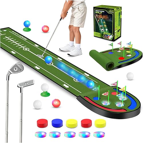 VATOS Alfombra de Golf Mejorada para Interior para Niños - Juego de Golf con Bolas LED, Copas Luminosas, Hierros y Putters, Alfombra de Golf