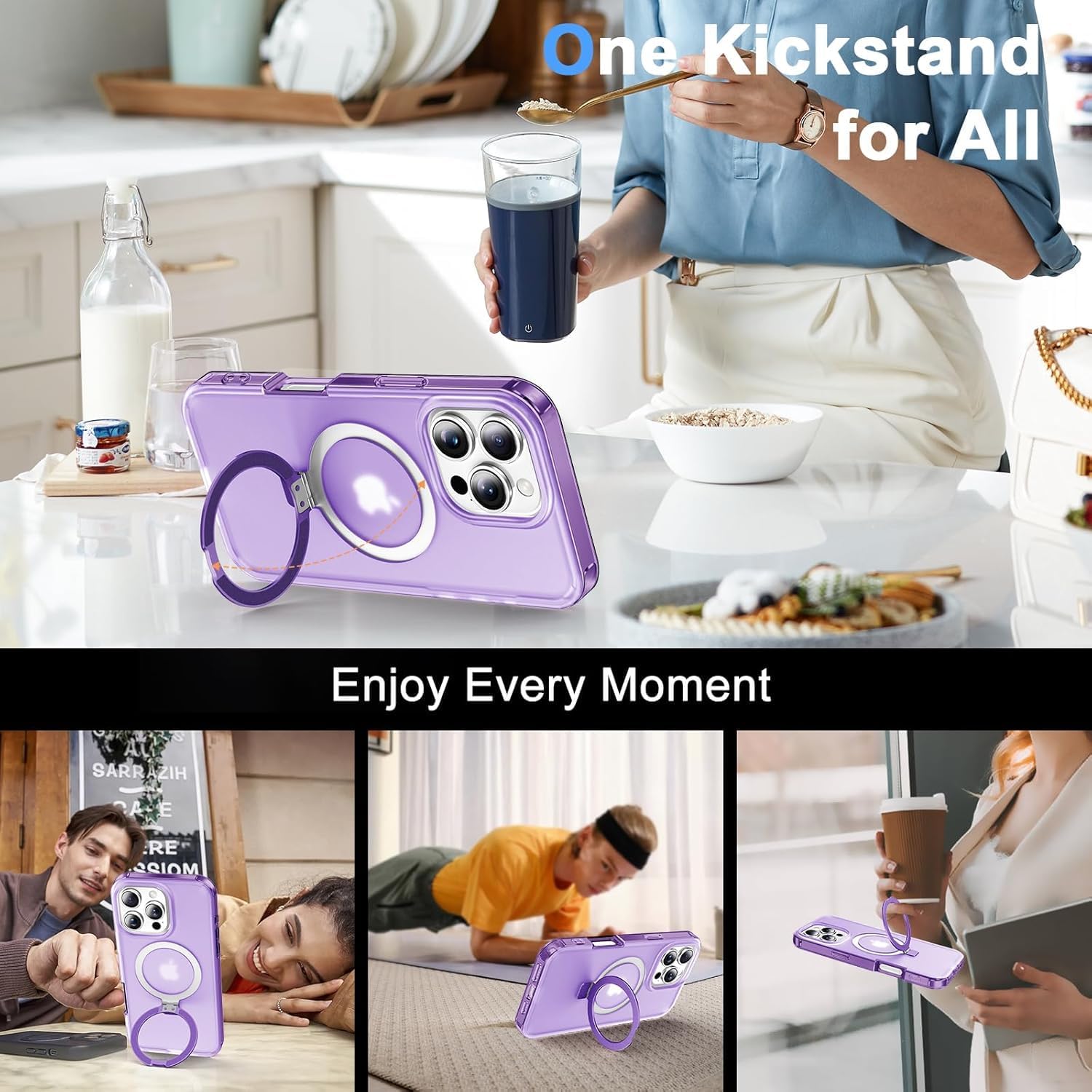 for iPhone 16 Pro Max Full Body Shockproof Case with Magnetic Invisible Stand [Compatible with MagSafe] Built-in Screen Protector Military Drop ProtectionTranslucent Phone Cover -Purple - Image 6