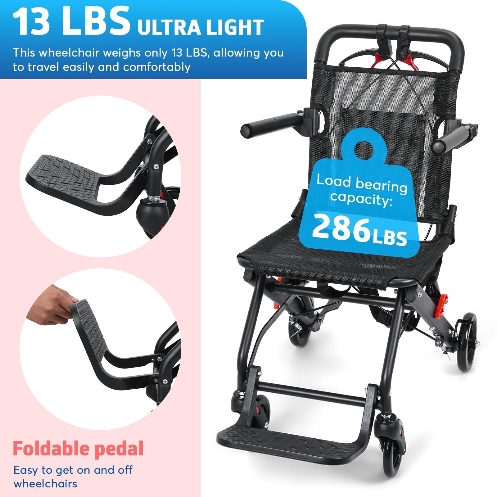 Ultralekki wózek inwalidzki transportowy, rama ze stopu aluminium, przenośny wózek inwalidzki, nośność 130 kg, duże opony, podróżny wózek inwalidzki dla seniorów i osób niepełnosprawnych, czarny