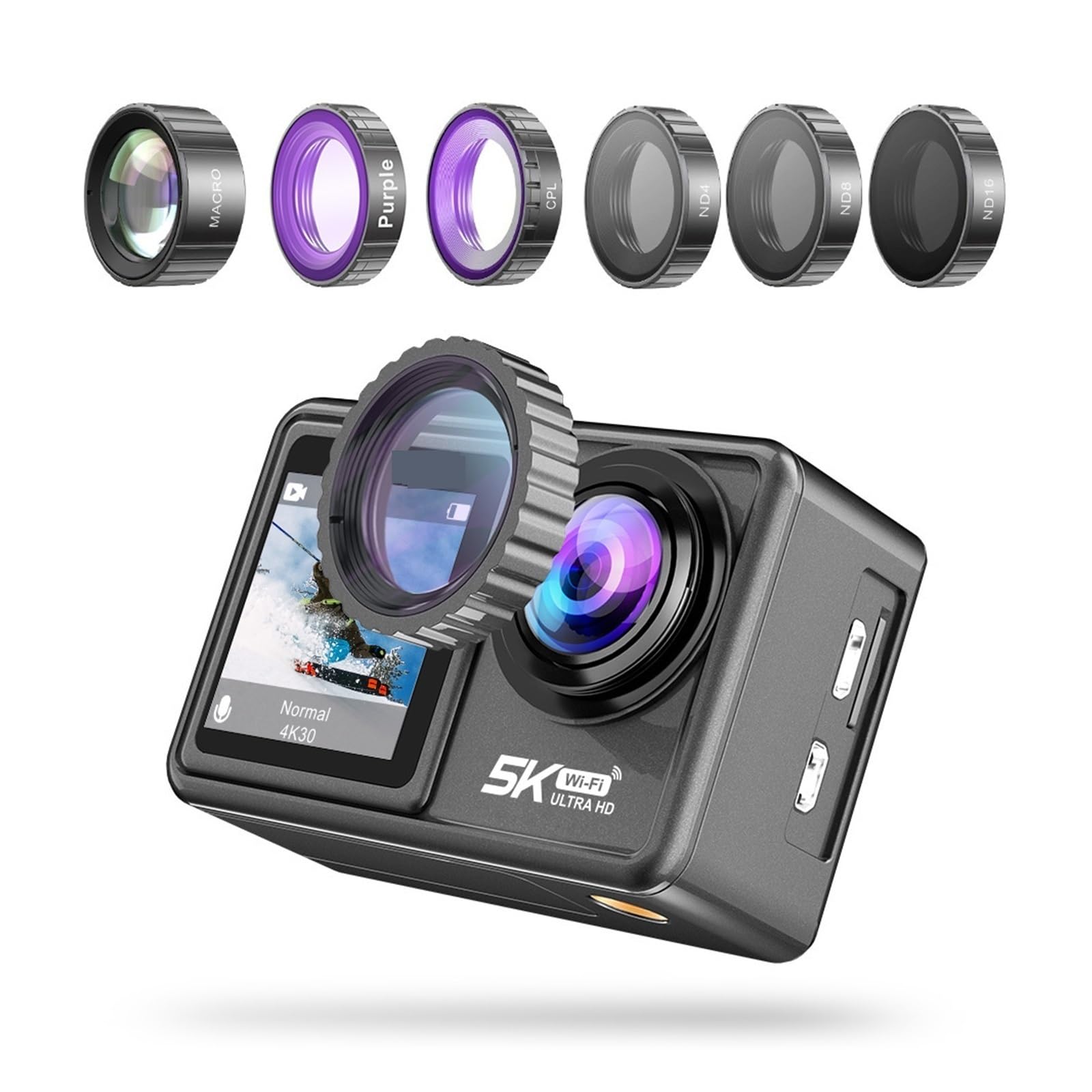 Macchina Fotografica d'azione Videocamera d'azione a Doppio Schermo Video EIS da 48 MP con Obiettivo Filtro Opzionale 1080P Webcam Vlog Sports Cam(Option3,4K Camera Only)