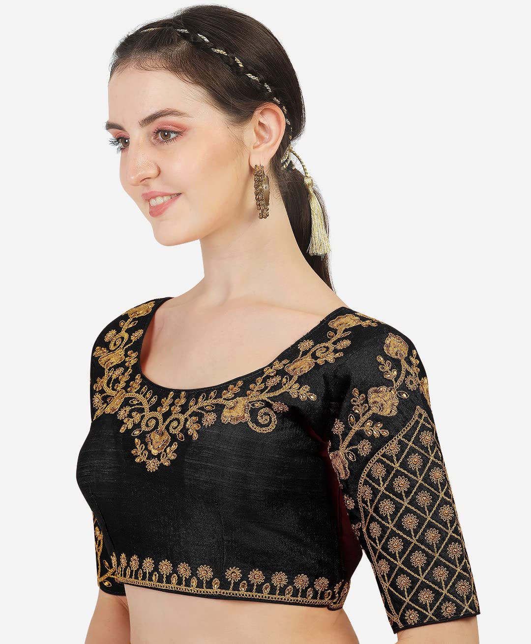 Pujia Mills Women's Embroidery Handwork Thread Zari Stone Work Readymade Blouse (36, Black)