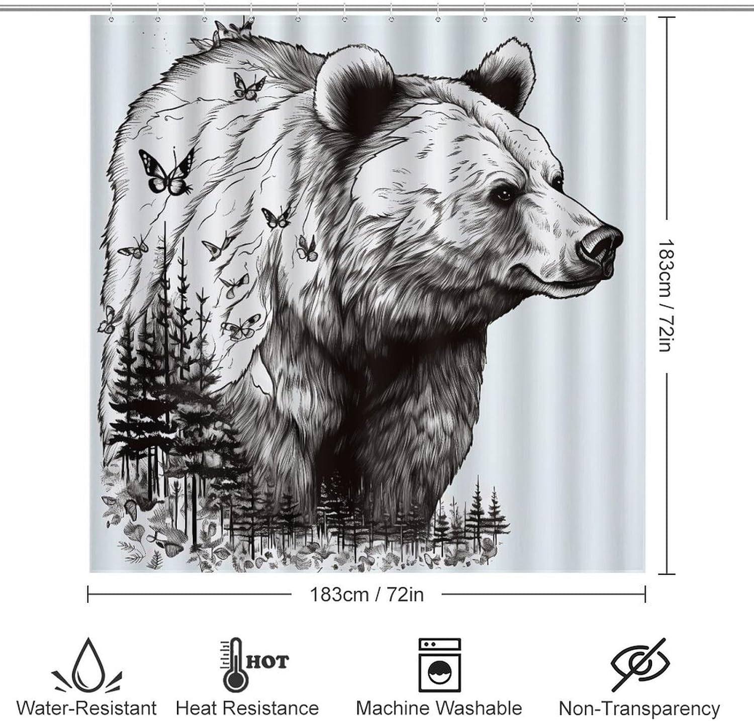 4Pcs Wildlife Hand Drawn Bear Animal Bathroom Sets Decor with Non-Slip Rugs Fashion Toilet Lid Cover Exquisite U-Shaped Mat Modern Shower Curtain with 12 Hooks Bathroom Decor Accessories image 2