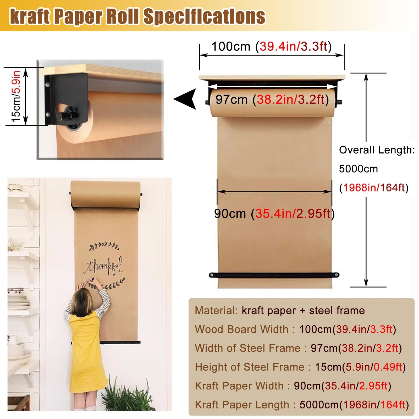 YUEKOPOU Rolka papieru pakowego | Z drewnianym dozownikiem i nożem do menu kawiarni, oferty dnia i tablicy ogłoszeń(With Wall Rack-100cm/39.3in Wide)