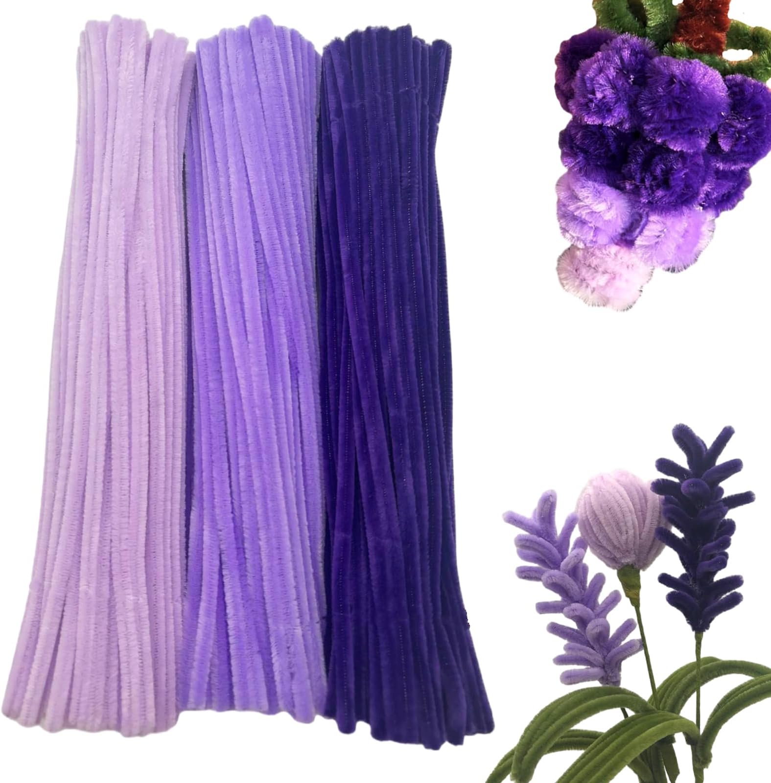 300 Pieces Shades of Purple Pipe Cleaner Craft Set 3 Assorted Colors,Thick Fuzzy Chenille Stem Pipe Cleaners for DIY Craft Flower Projects Holiday Decorations