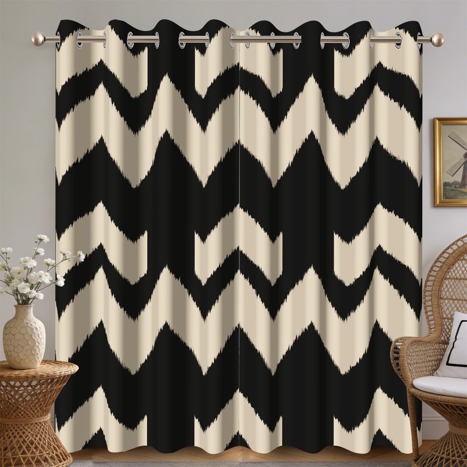 Rideaux occultants imprimés Beige et Noir 140x245cm pour Chambre et Salon, Lot de 2 Panneaux, Motif à Rayures abstraites, Style Moderne et élégant, œillets, Isolation Thermique.