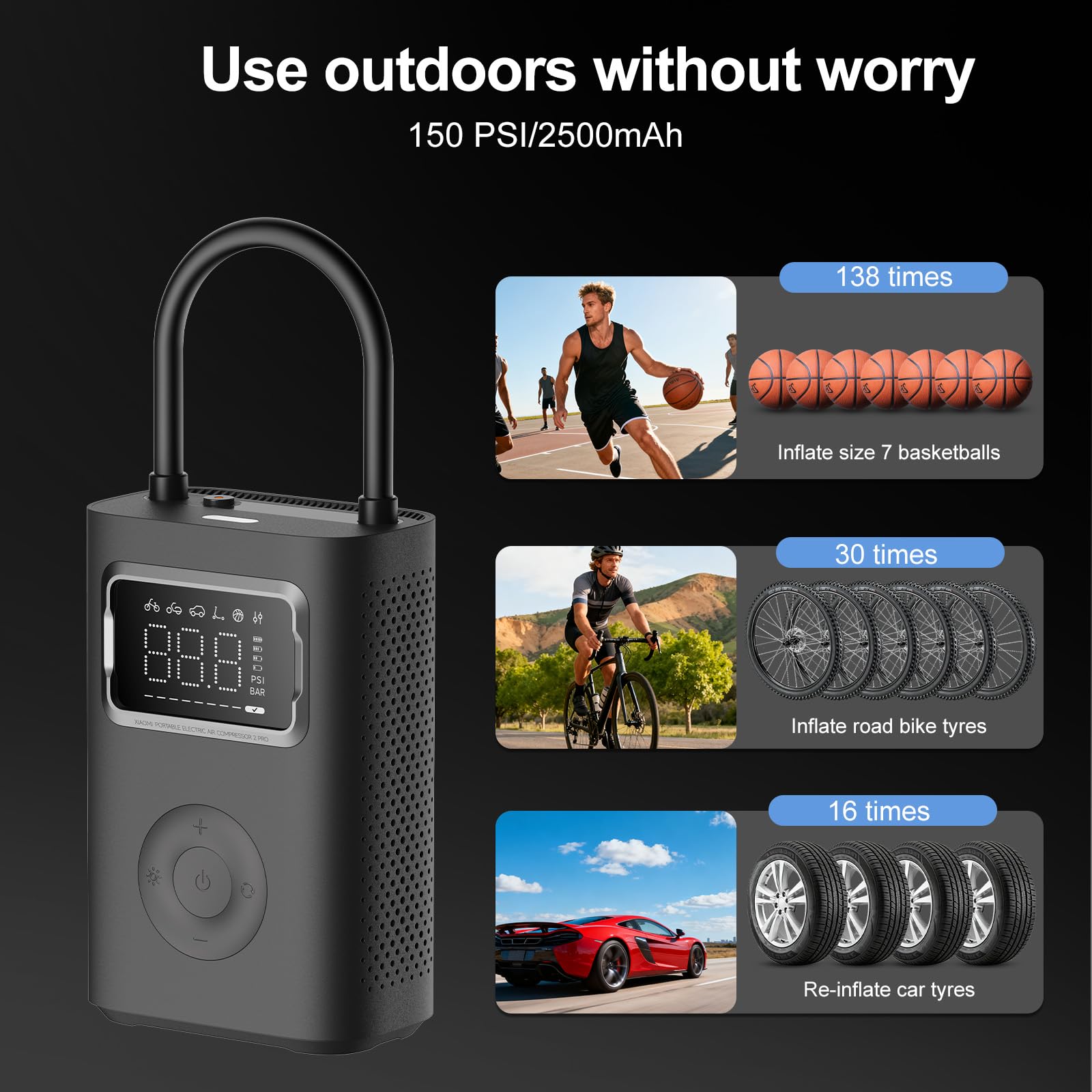 XIAOMI Portable Electric Air Compressor 2 Pro 150 PSI, Autoapagado, Luz LED y 4 Modos 45s Inflado Rápido,Pantalla Presión Bomba Eléctrica para Coche/Moto/Bicicleta
