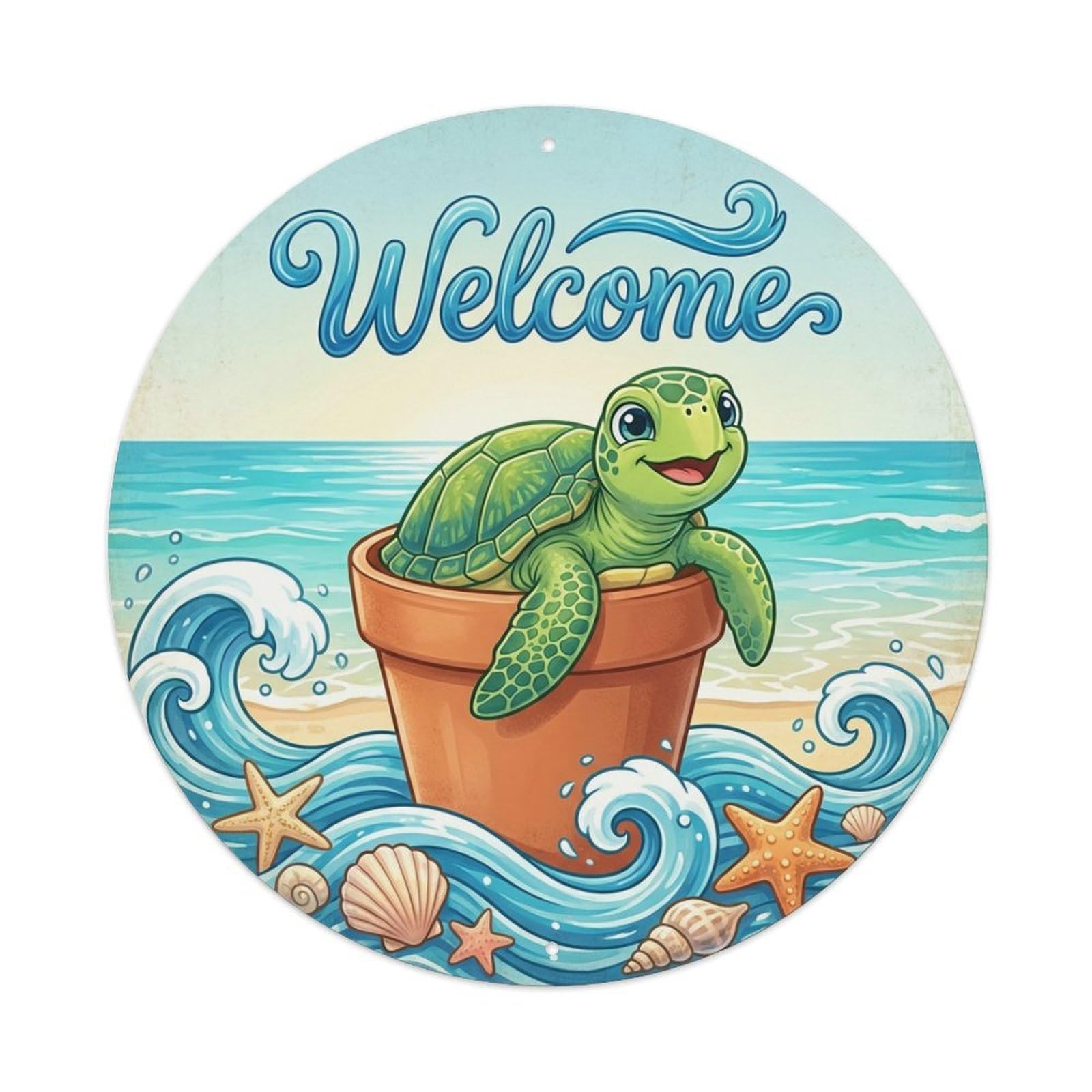 Metal Tin Sign Welcome Turtle Ocean Wave