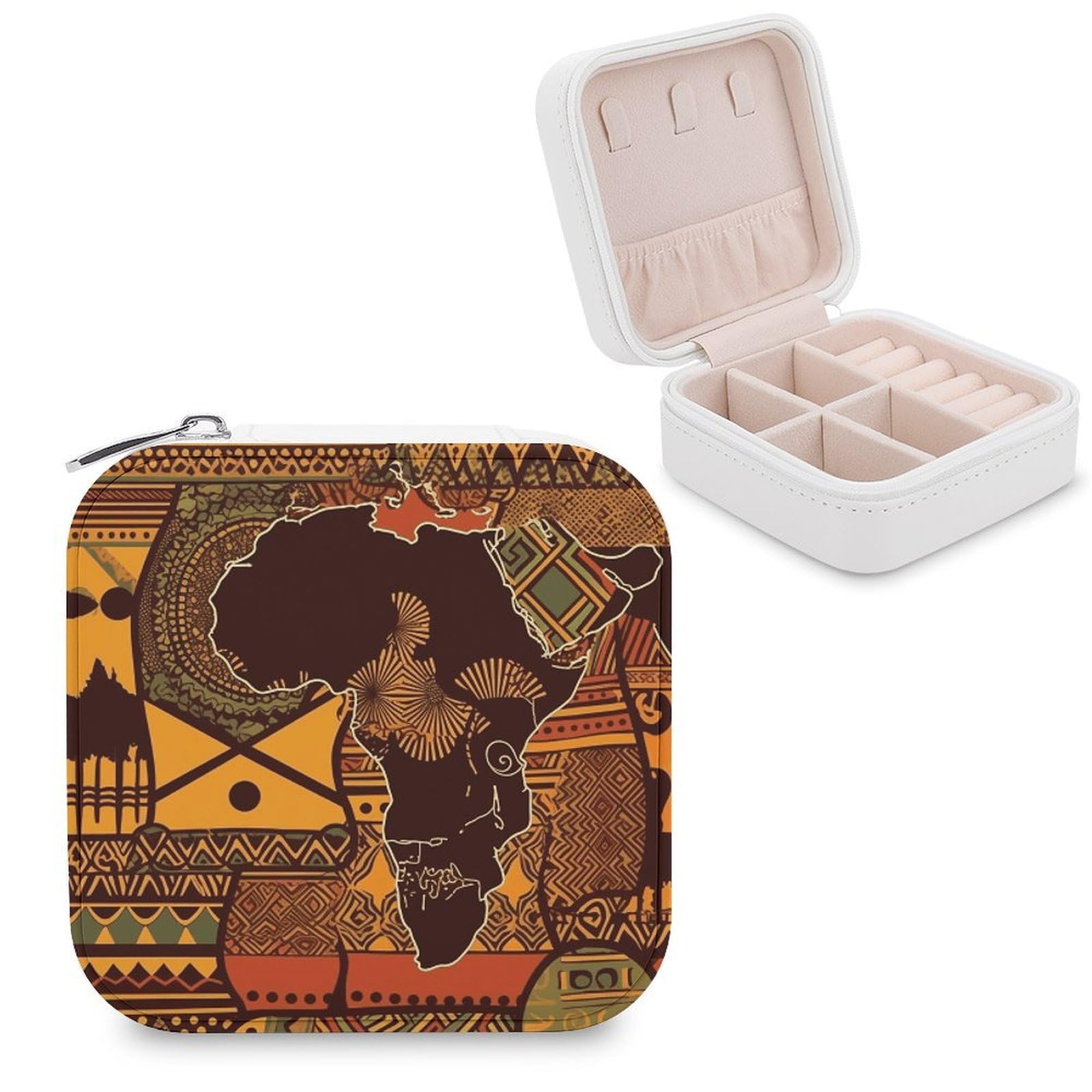 LZQPOEAS African Map Ethnic Pattern Jewelry Box Small Jewelry Case PU Leather Portable Travel Jewelry Case, Large Capacity for Rings Earrings Necklaces Bracelets Watch