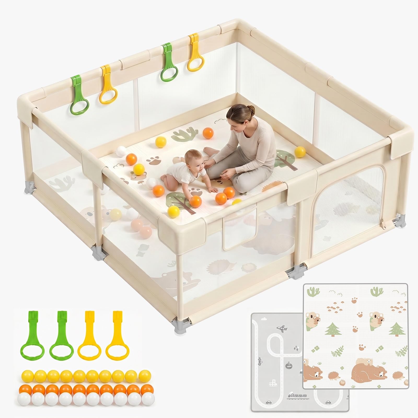 Beige Laufstall Baby mit Matratze - 150×150cm Laufgitter Baby mit Atmungsaktivem Netz und Rutschfeste Saugnäpfe, Laufstall xxl mit und 4 Zugringen